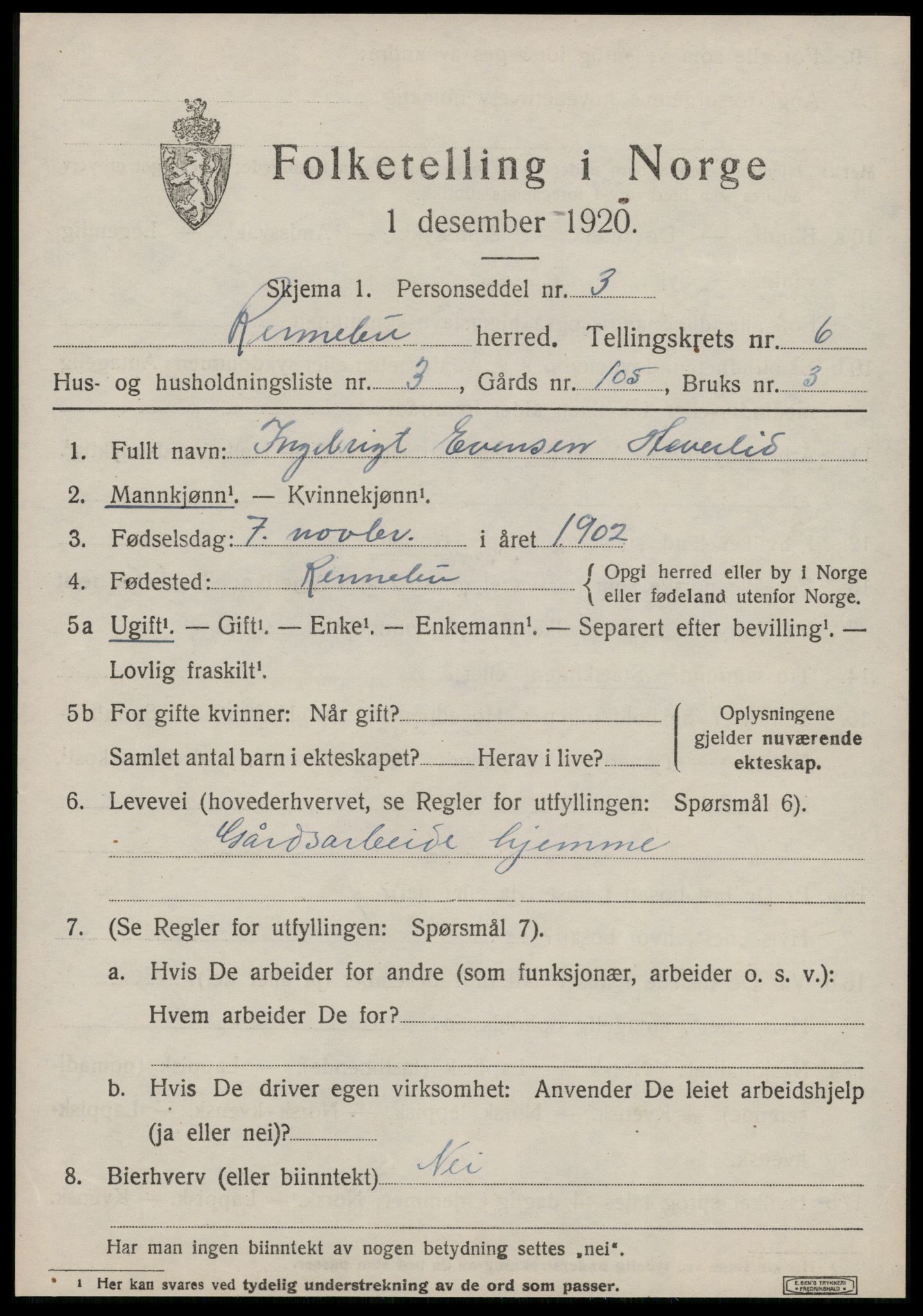 SAT, 1920 census for Rennebu, 1920, p. 4438