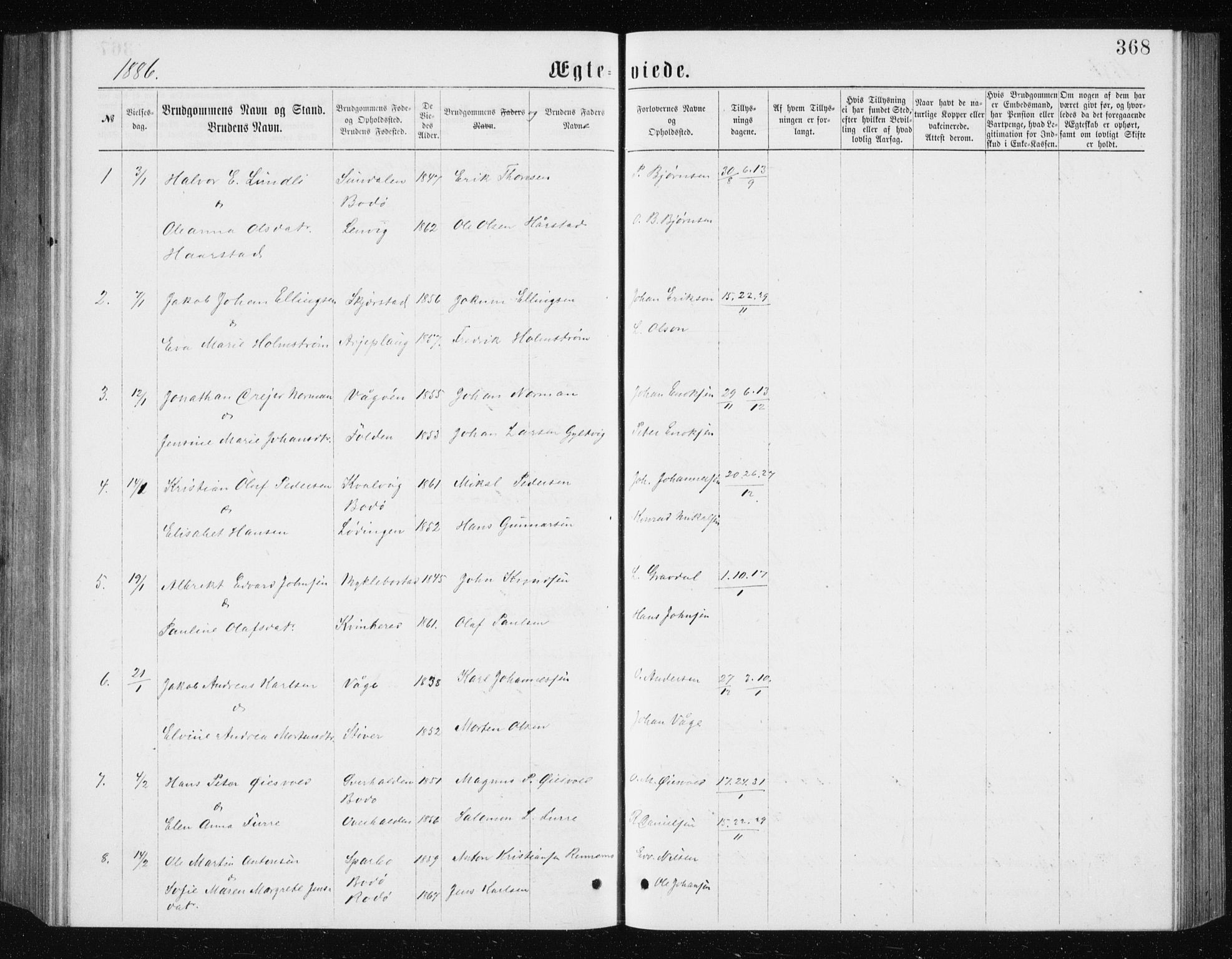 Ministerialprotokoller, klokkerbøker og fødselsregistre - Nordland, SAT/A-1459/801/L0031: Parish register (copy) no. 801C06, 1883-1887, p. 368