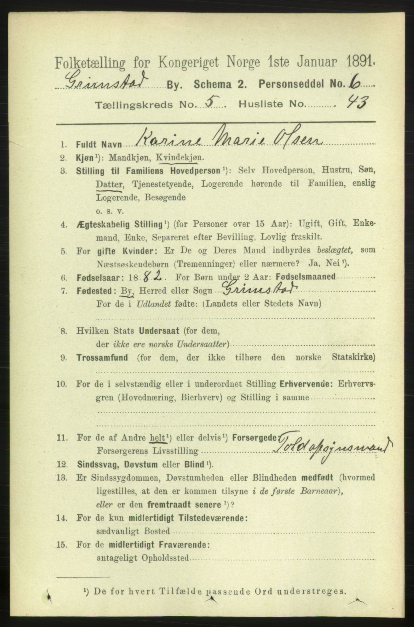 RA, 1891 census for 0904 Grimstad, 1891, p. 3371