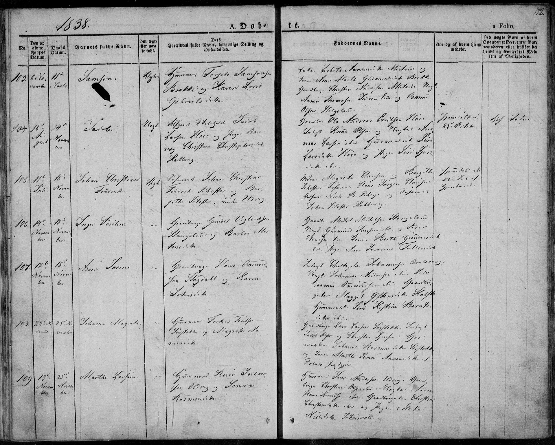 Avaldsnes sokneprestkontor, SAST/A -101851/H/Ha/Haa/L0005: Parish register (official) no. A 5.1, 1825-1841, p. 172
