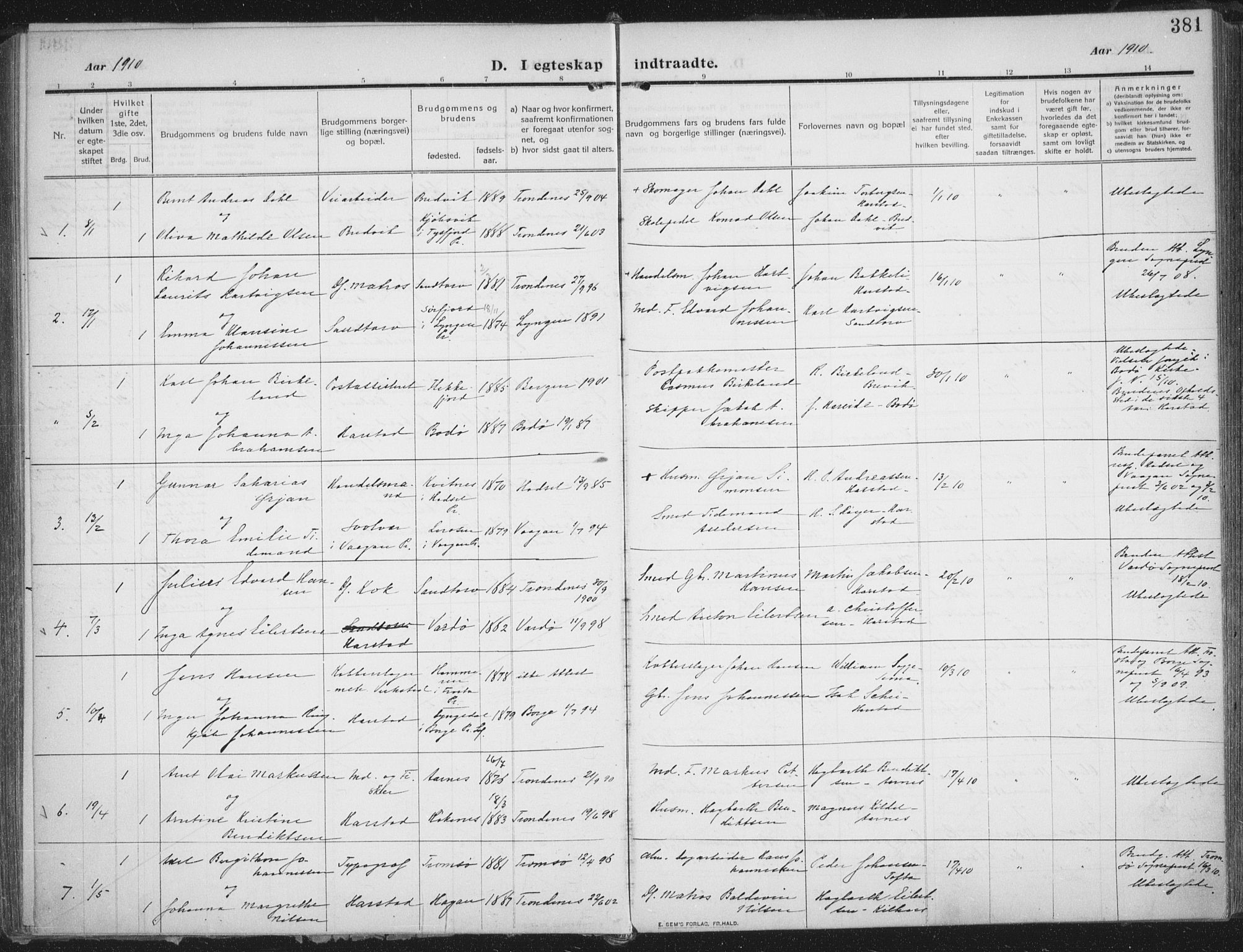 Trondenes sokneprestkontor, SATØ/S-1319/H/Ha/L0018kirke: Parish register (official) no. 18, 1909-1918, p. 381