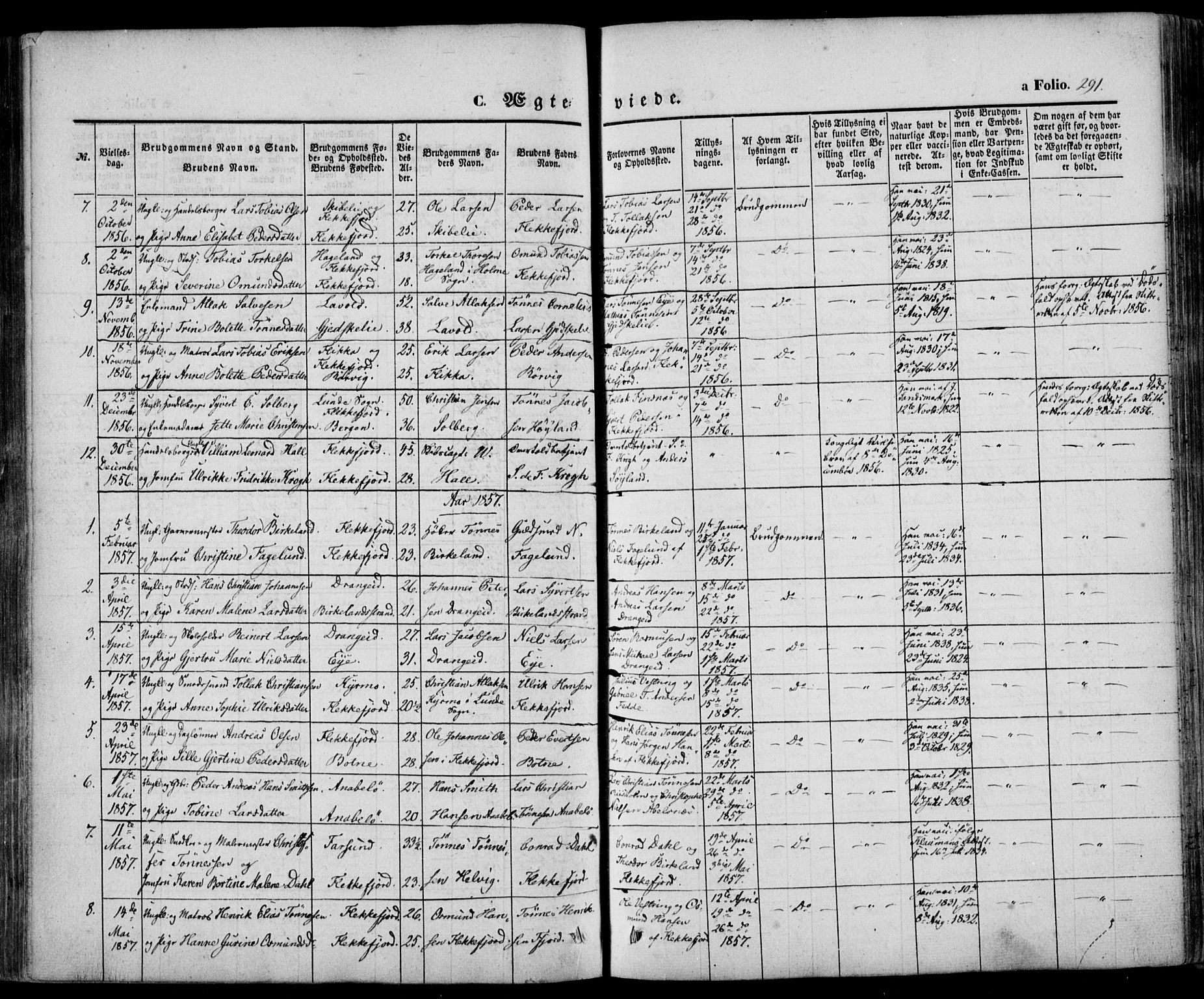 Flekkefjord sokneprestkontor, AV/SAK-1111-0012/F/Fa/Fac/L0005: Parish register (official) no. A 5, 1849-1875, p. 291