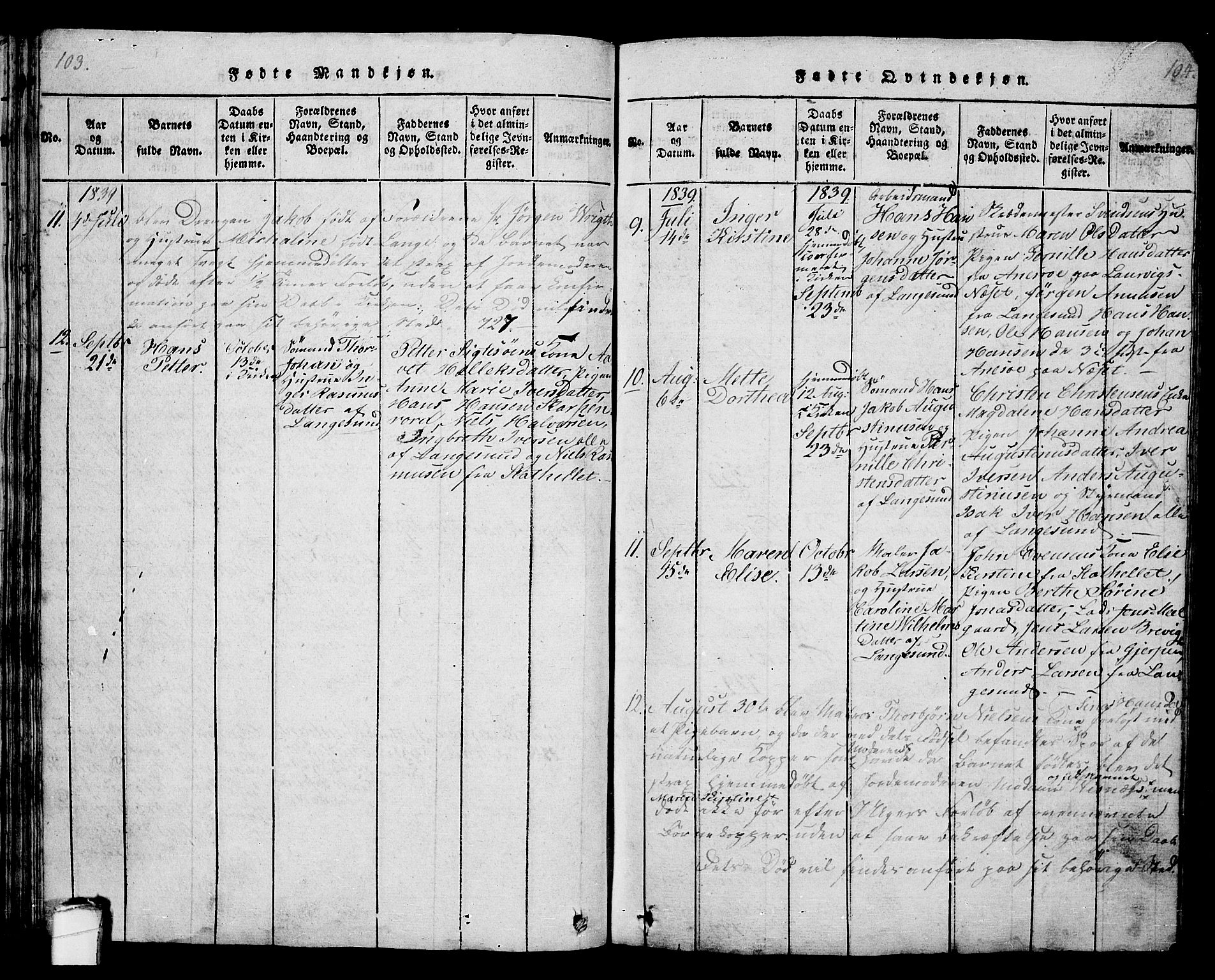 Langesund kirkebøker, SAKO/A-280/G/Ga/L0003: Parish register (copy) no. 3, 1815-1858, p. 103-104