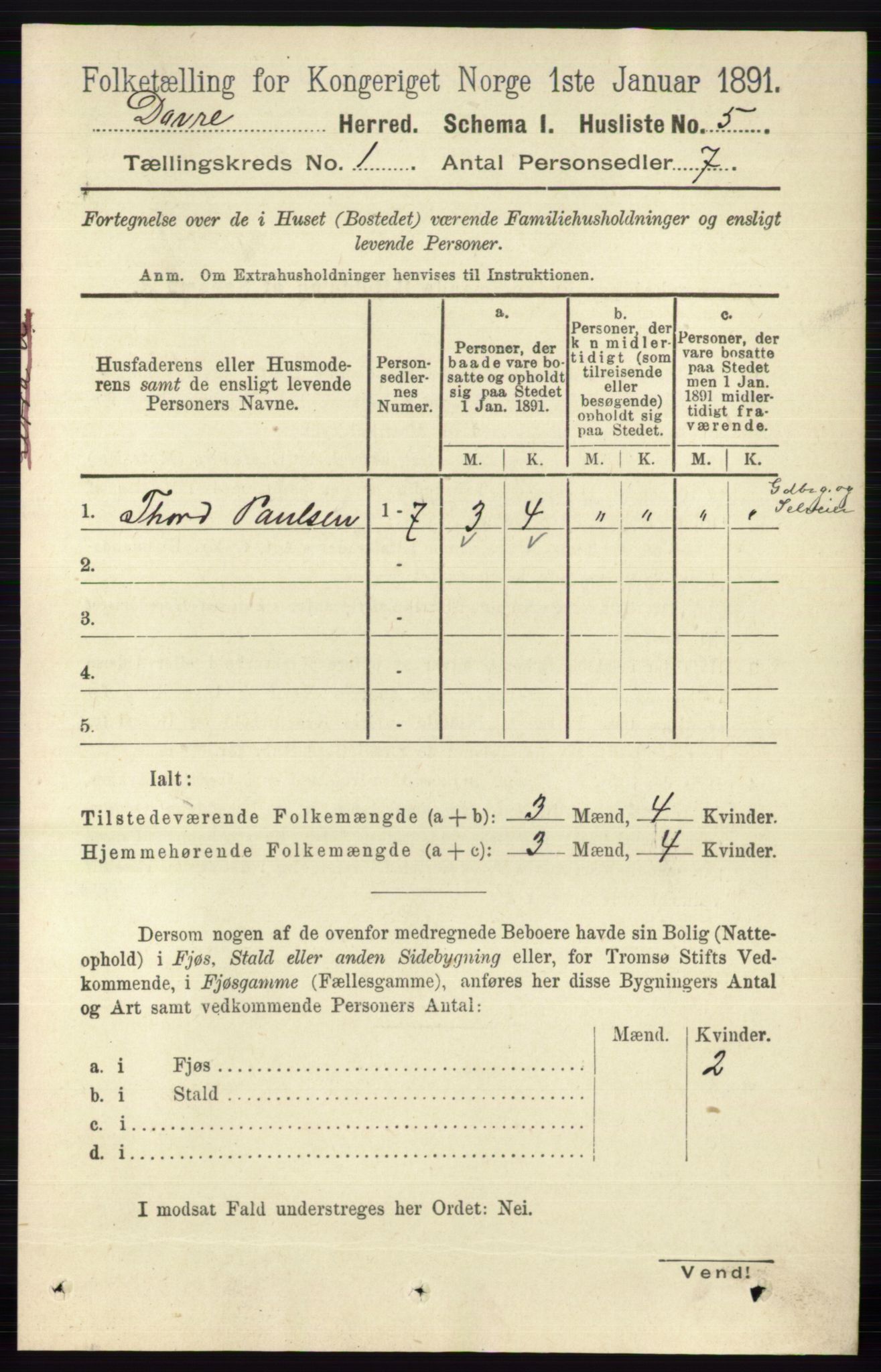 RA, 1891 census for 0511 Dovre, 1891, p. 22