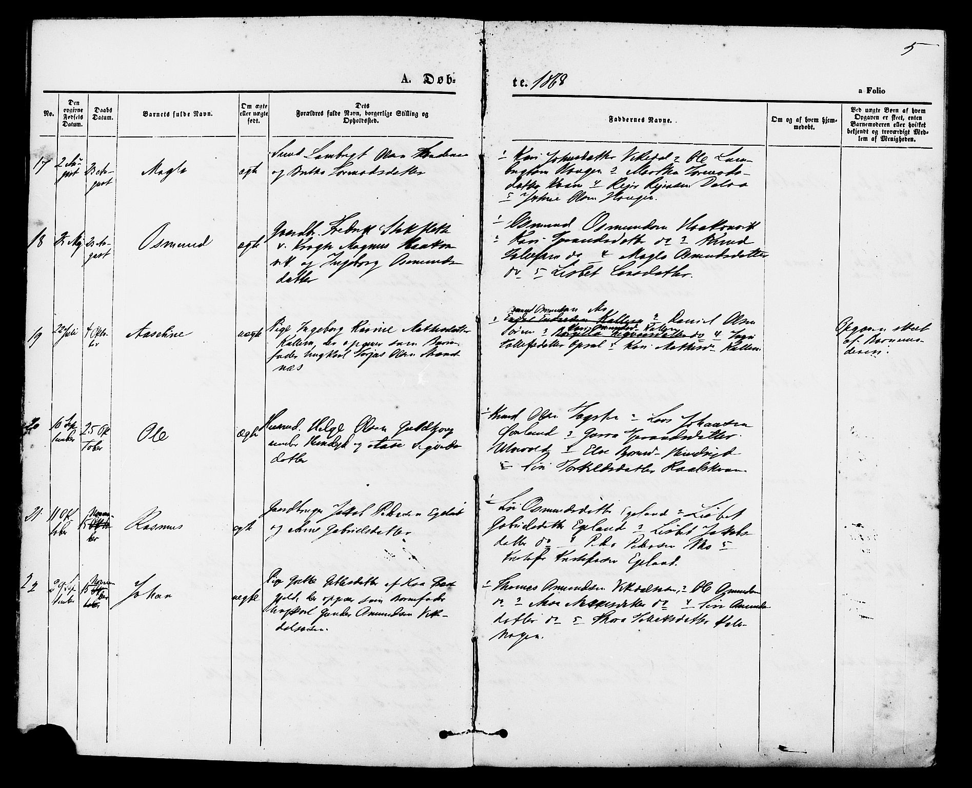 Vikedal sokneprestkontor, SAST/A-101840/01/IV: Parish register (official) no. A 7, 1868-1883, p. 5