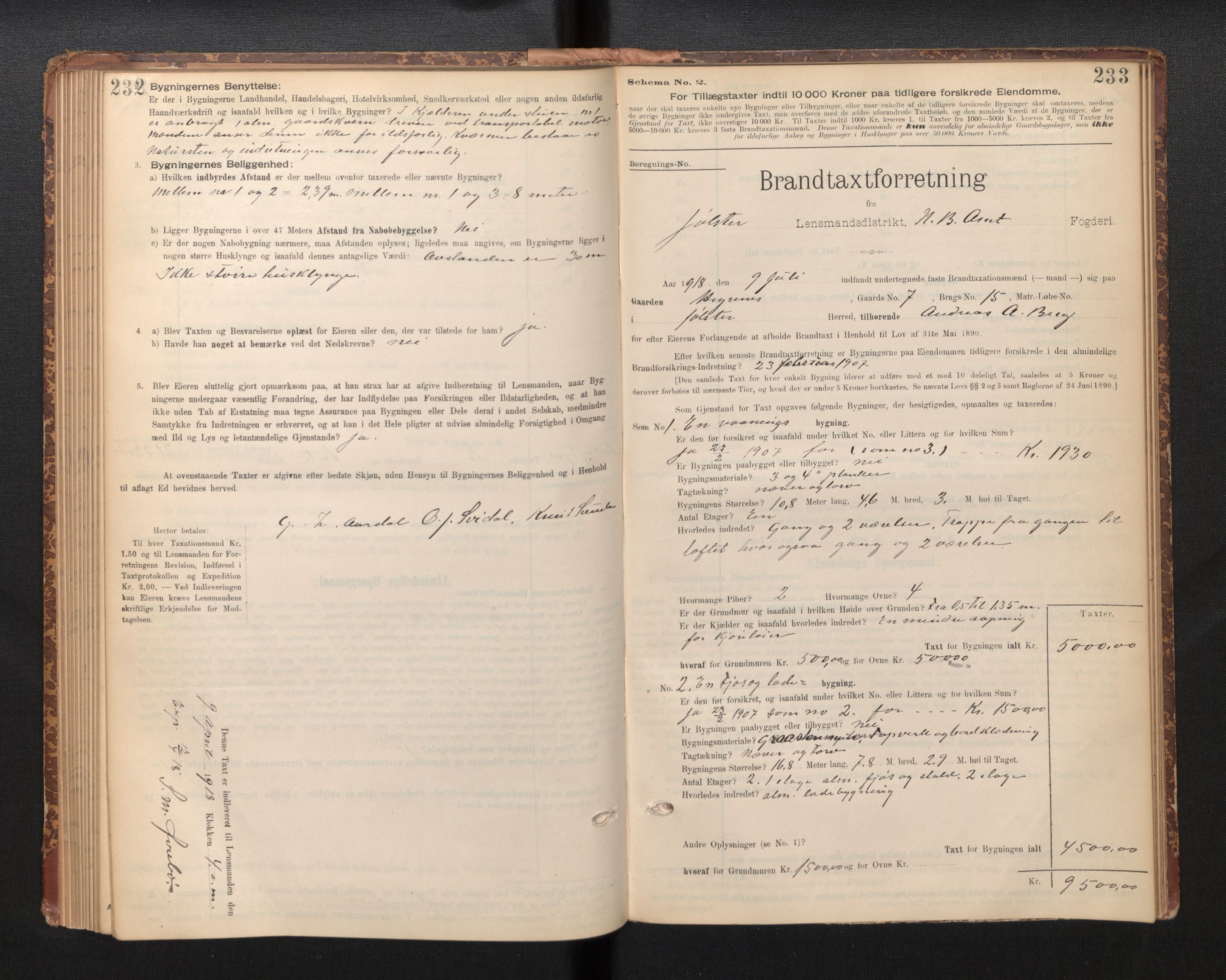 Lensmannen i Jølster, SAB/A-28701/0012/L0004: Branntakstprotokoll, skjematakst, 1895-1923, p. 232-233