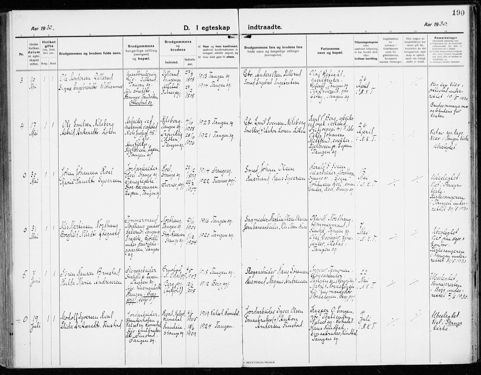 Stange prestekontor, AV/SAH-PREST-002/K/L0025: Parish register (official) no. 25, 1921-1945, p. 190