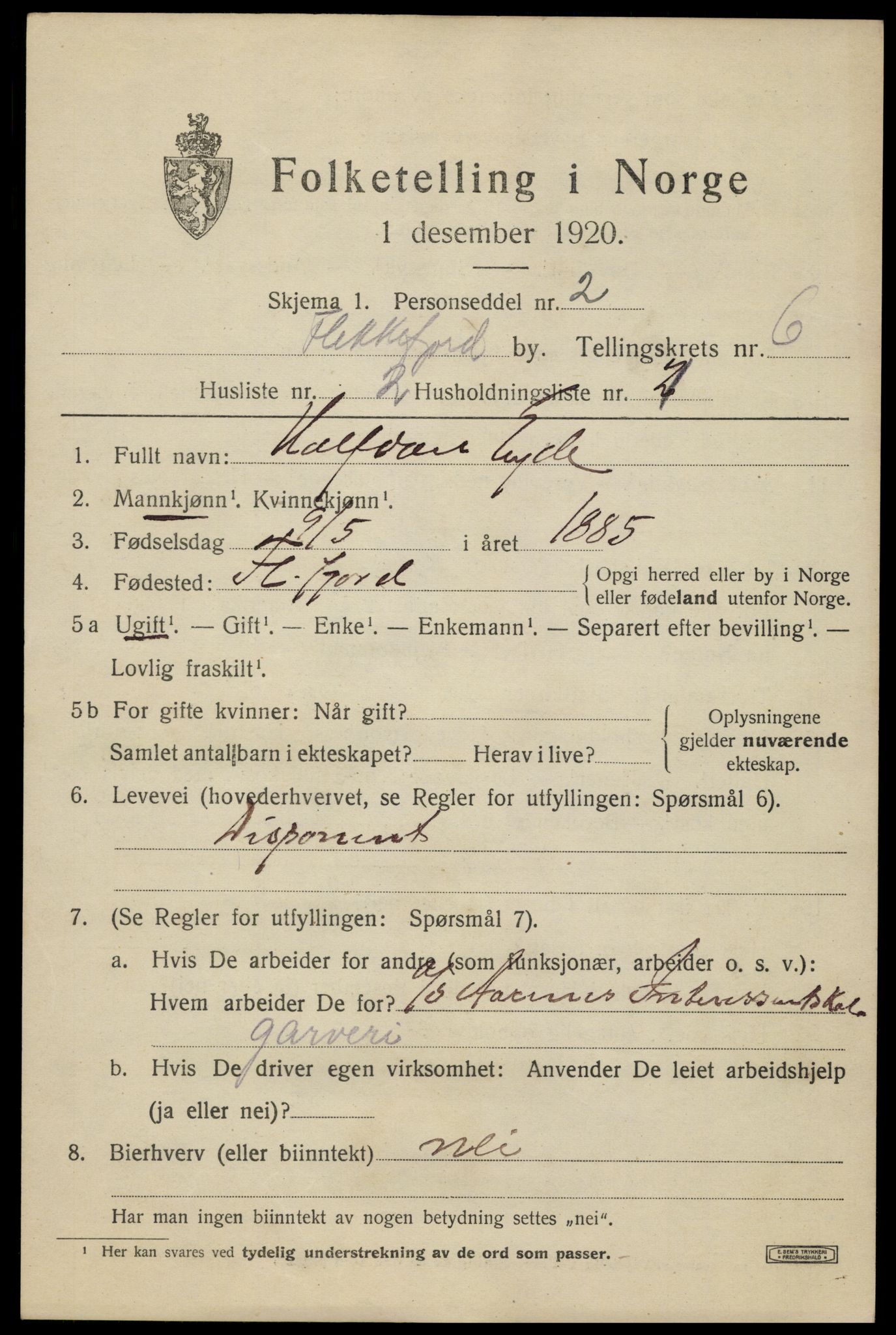 SAK, 1920 census for Flekkefjord, 1920, p. 5774