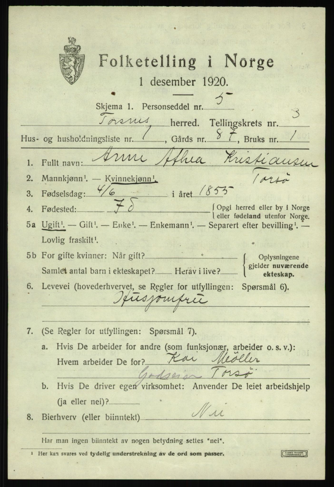 SAO, 1920 census for Torsnes, 1920, p. 2747