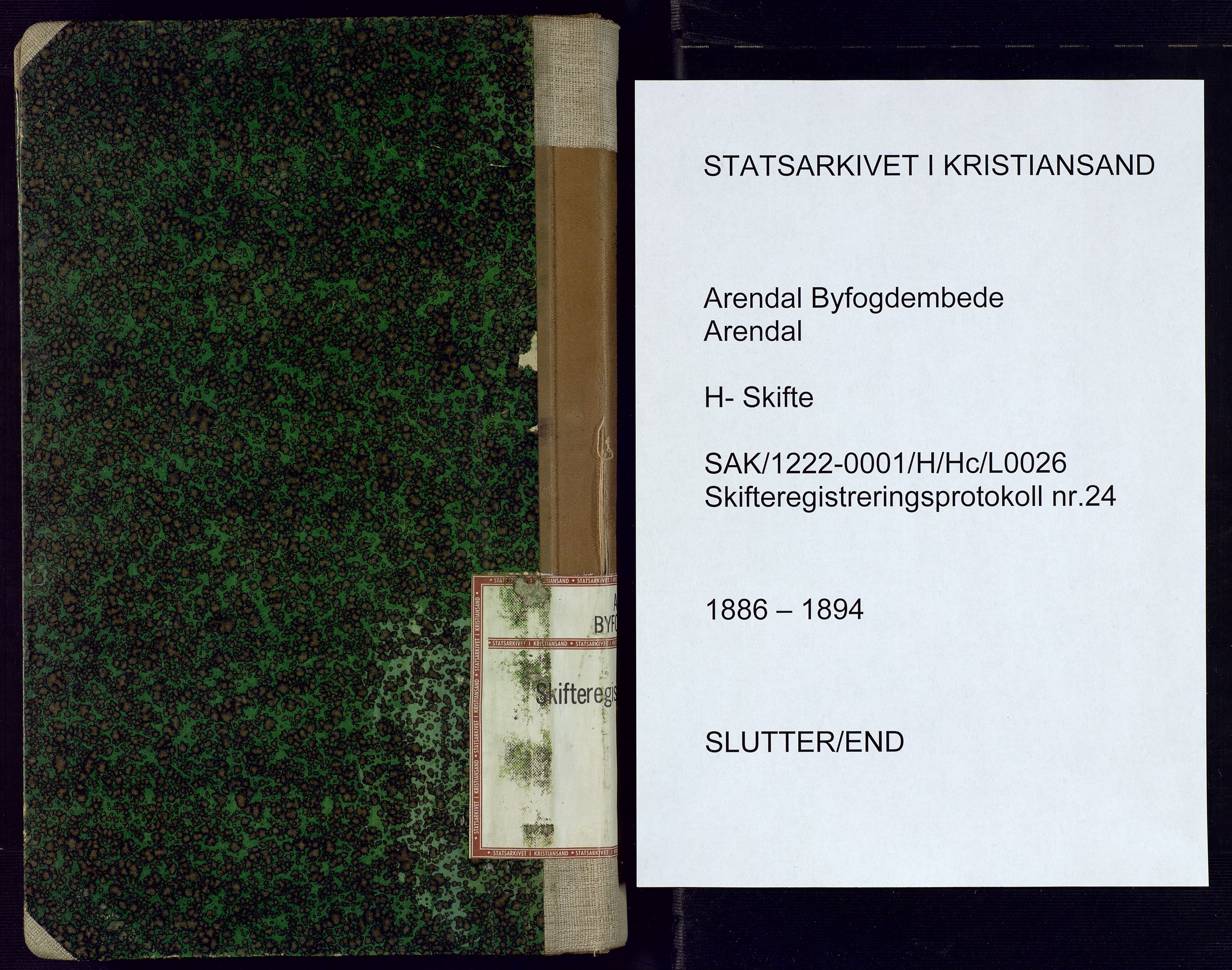 Arendal byfogd, SAK/1222-0001/H/Hc/L0026: Skifteregistreringsprotokoll nr. 24, 1886-1894