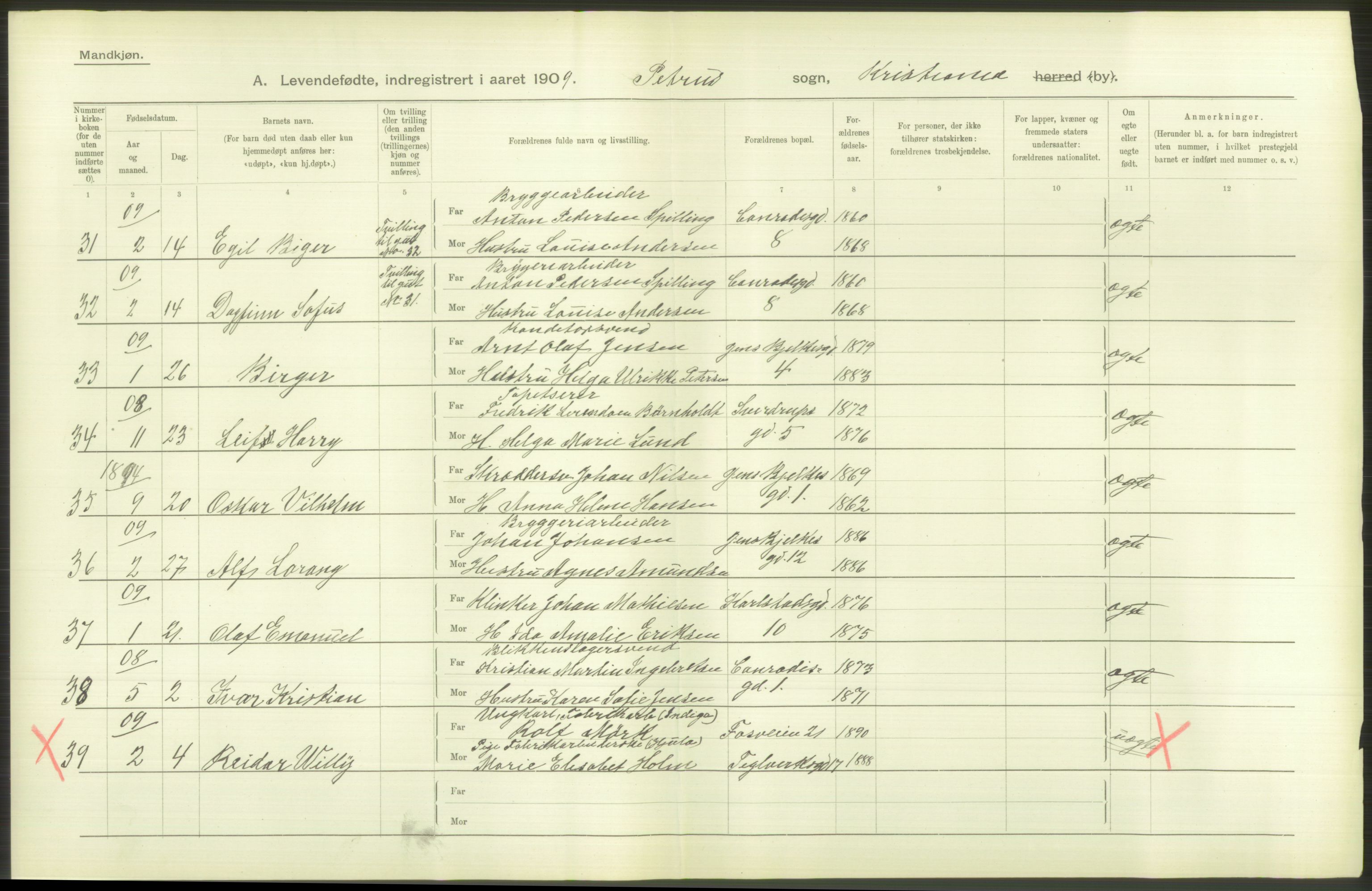 Statistisk sentralbyrå, Sosiodemografiske emner, Befolkning, AV/RA-S-2228/D/Df/Dfa/Dfag/L0007: Kristiania: Levendefødte menn og kvinner., 1909, p. 206