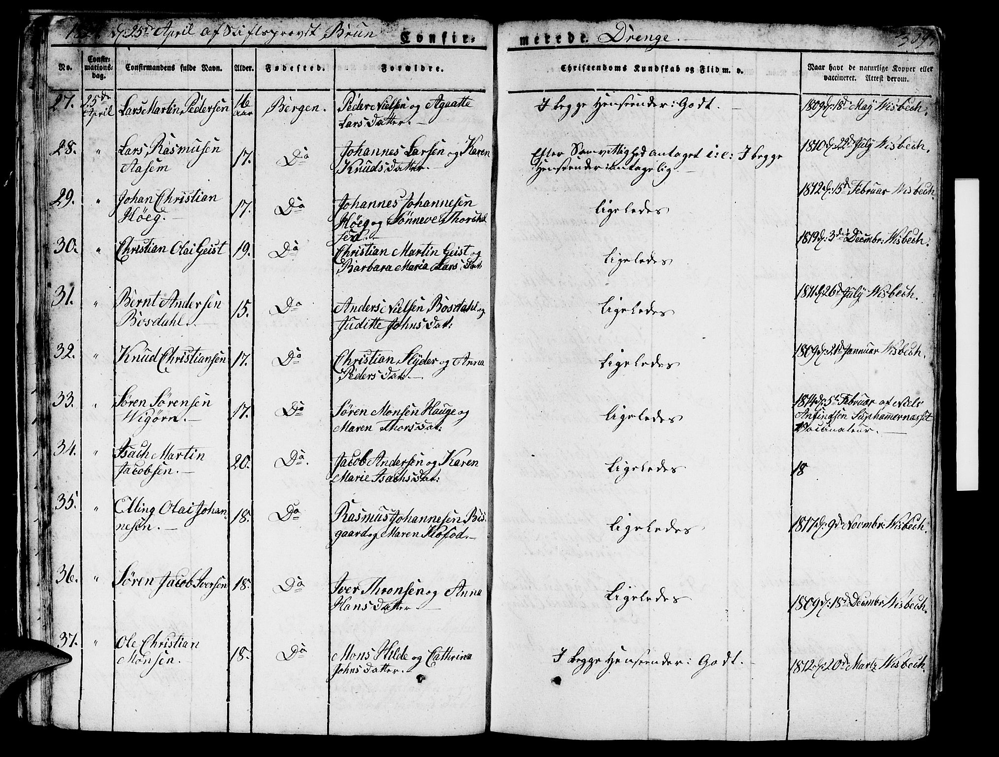 Domkirken sokneprestembete, SAB/A-74801/H/Hab/L0002: Parish register (copy) no. A 2, 1821-1839, p. 309