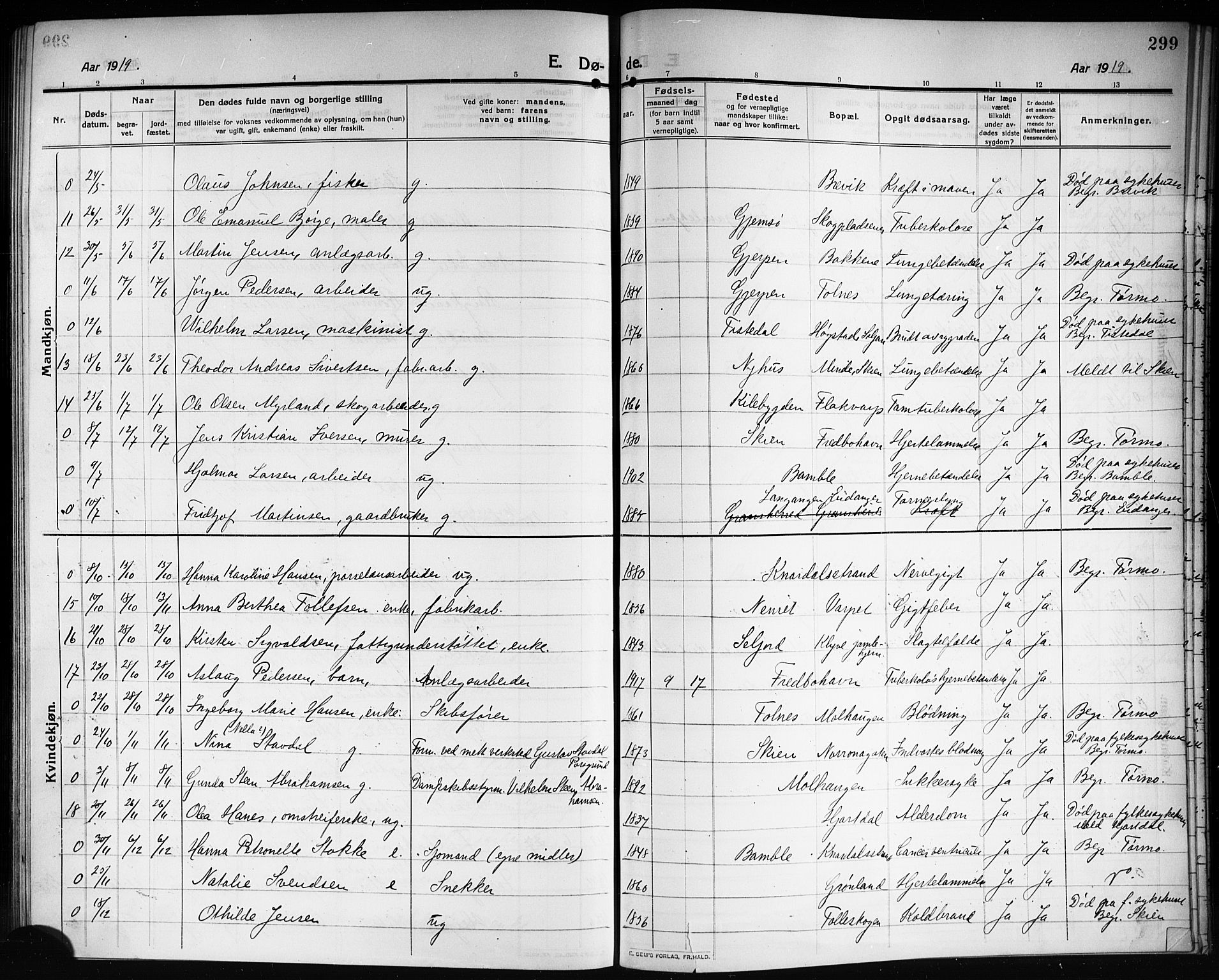 Solum kirkebøker, AV/SAKO-A-306/G/Ga/L0009: Parish register (copy) no. I 9, 1909-1922, p. 299