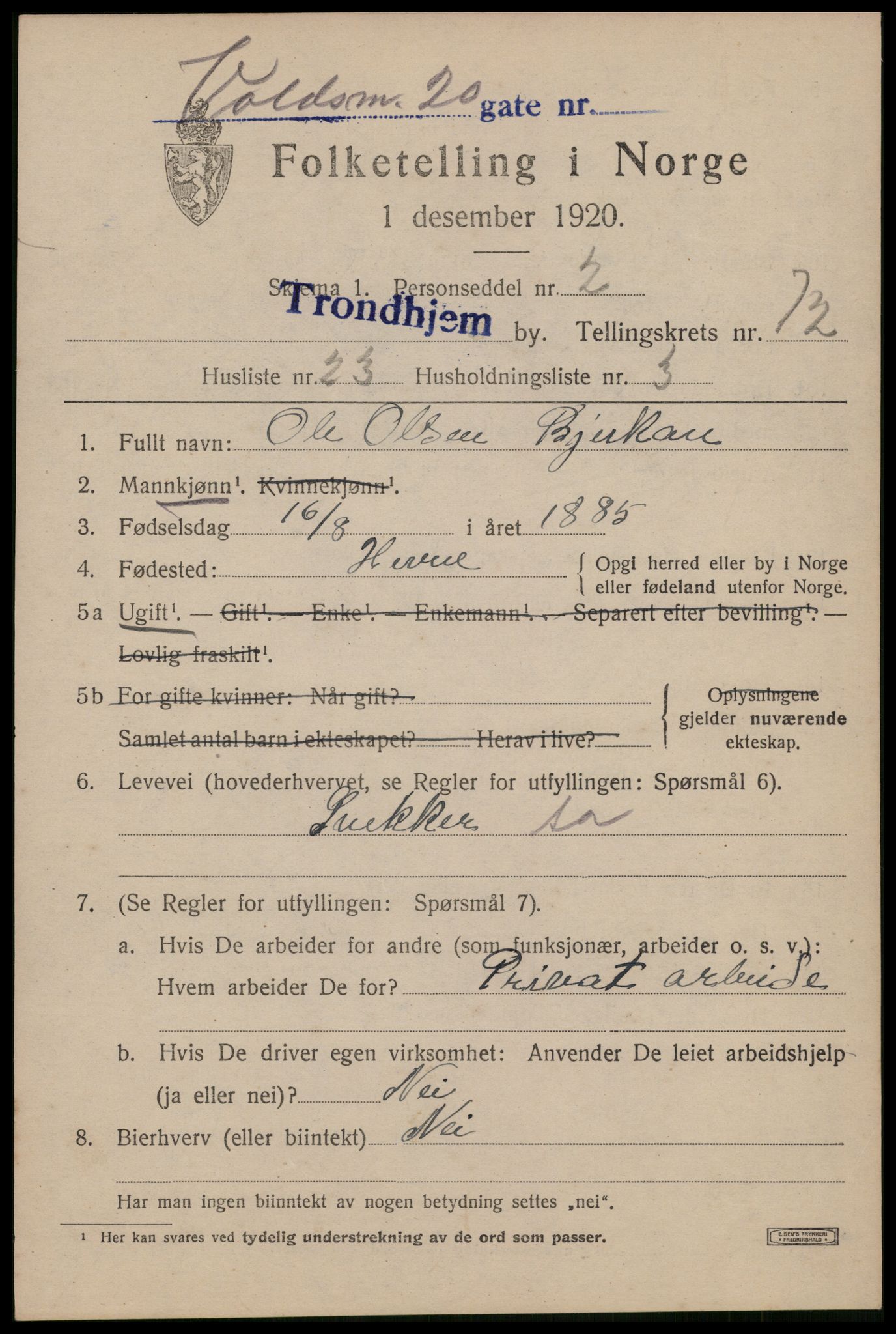 SAT, 1920 census for Trondheim, 1920, p. 138928