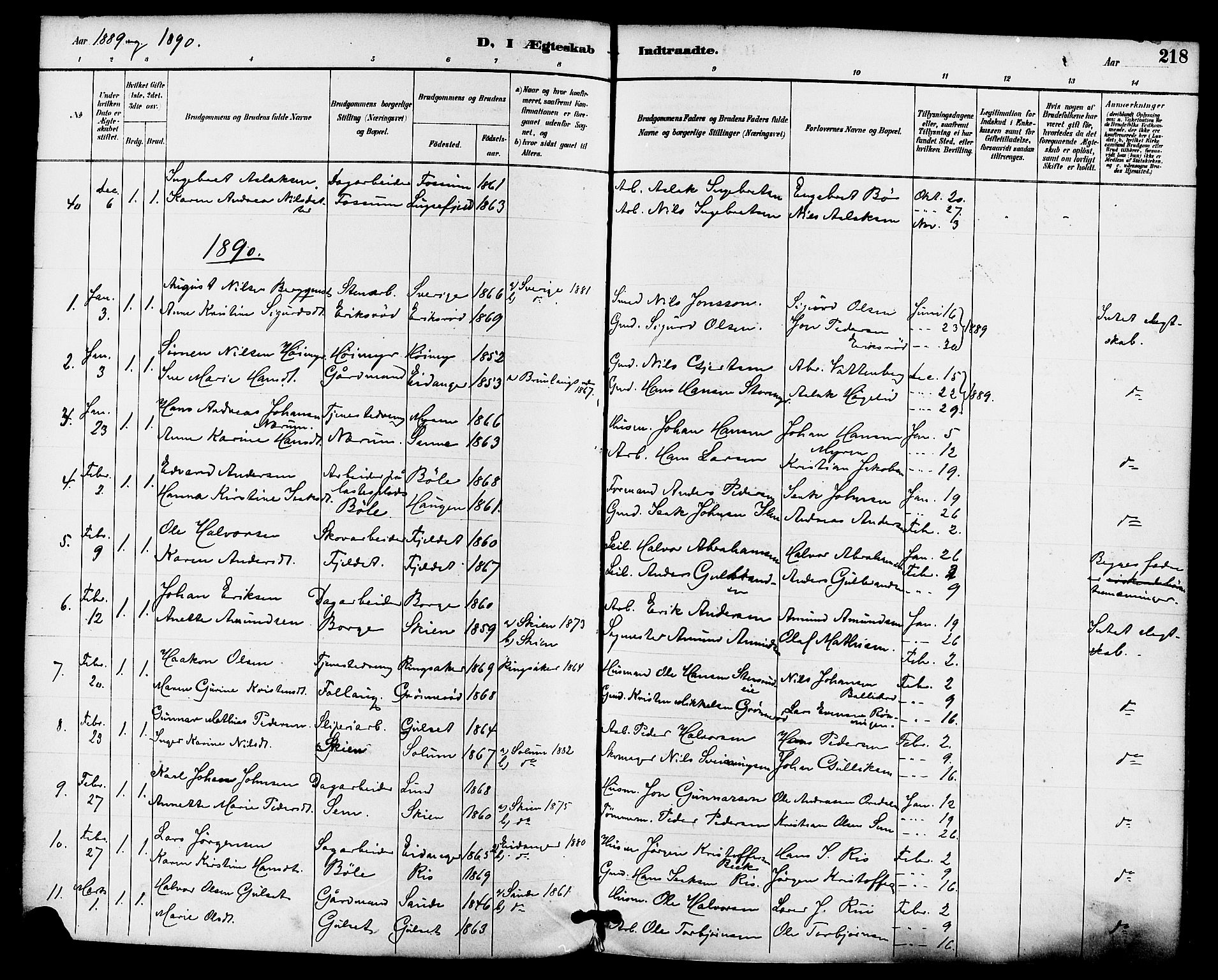 Gjerpen kirkebøker, SAKO/A-265/F/Fa/L0010: Parish register (official) no. I 10, 1886-1895, p. 218