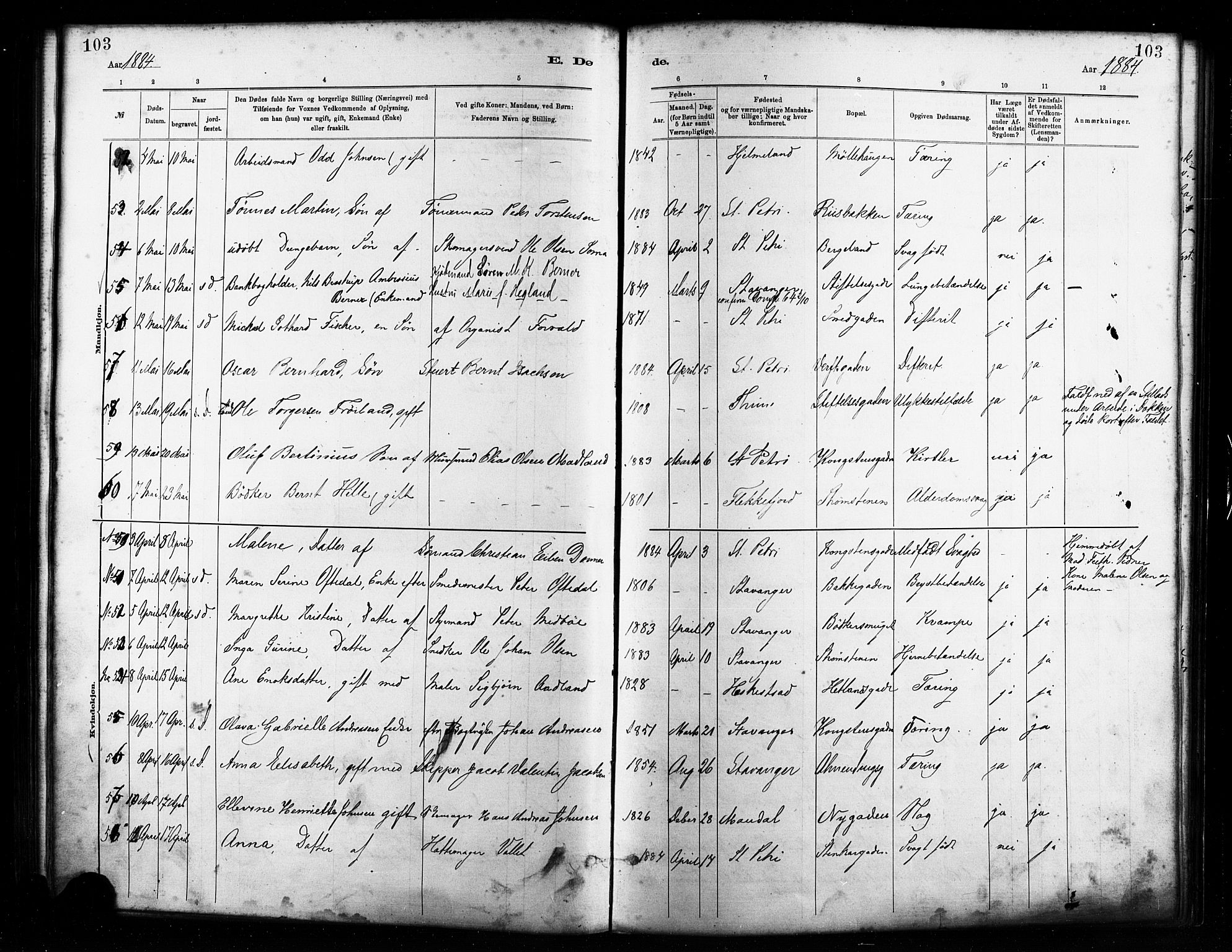 St. Petri sokneprestkontor, AV/SAST-A-101813/001/30/30BA/L0017: Parish register (official) no. A 17, 1879-1895, p. 103