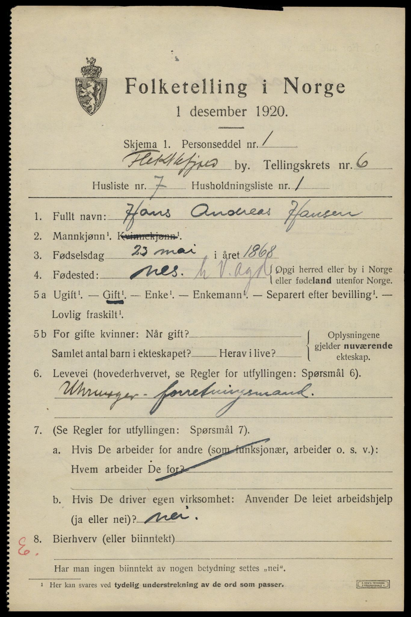 SAK, 1920 census for Flekkefjord, 1920, p. 5822