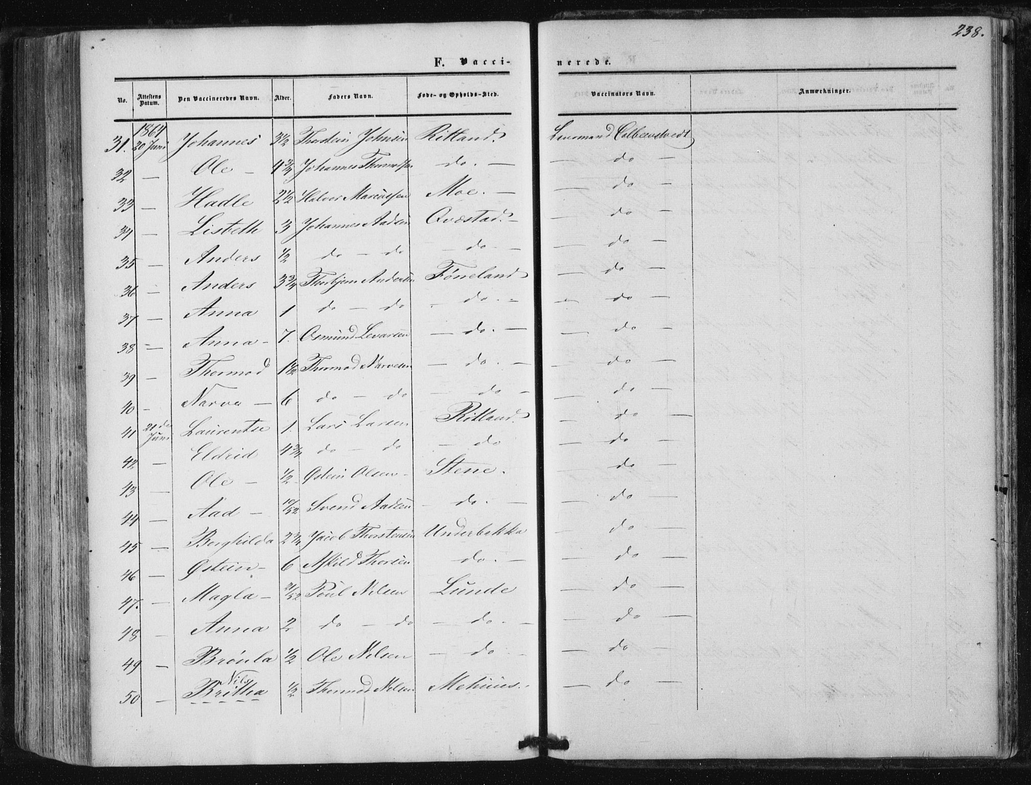 Suldal sokneprestkontor, AV/SAST-A-101845/01/IV/L0009: Parish register (official) no. A 9, 1854-1868, p. 238