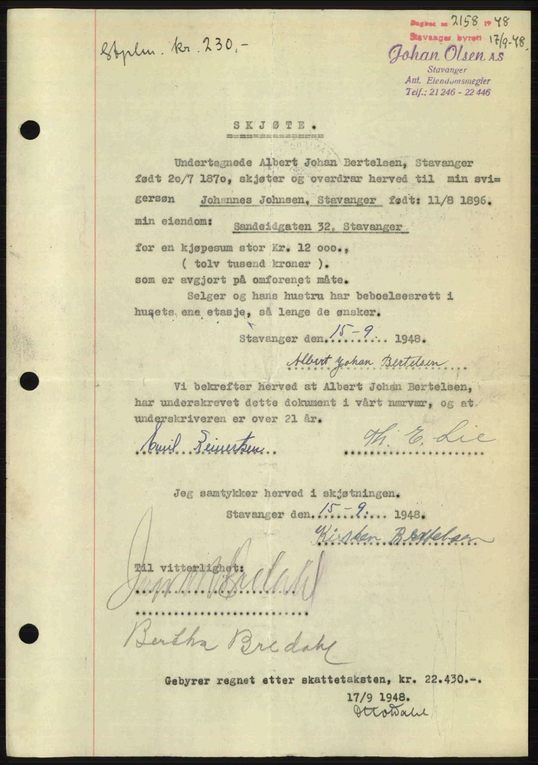 Stavanger byrett, SAST/A-100455/002/G/Gb/L0022: Mortgage book no. A11, 1947-1948, Diary no: : 2158/1948