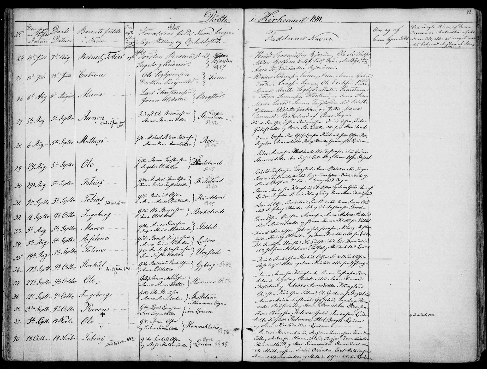 Hægebostad sokneprestkontor, SAK/1111-0024/F/Fa/Faa/L0004: Parish register (official) no. A 4, 1834-1864, p. 22
