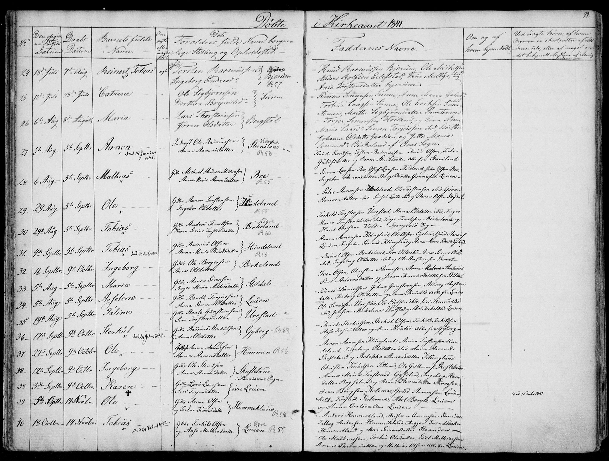 Hægebostad sokneprestkontor, AV/SAK-1111-0024/F/Fa/Faa/L0004: Parish register (official) no. A 4, 1834-1864, p. 22