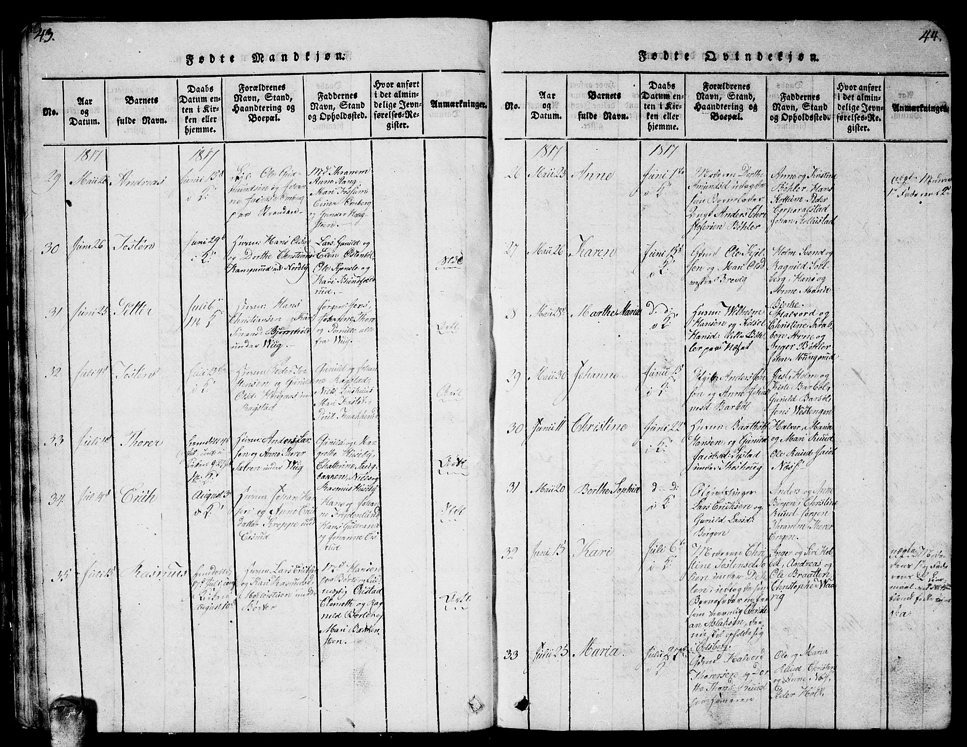 Enebakk prestekontor Kirkebøker, AV/SAO-A-10171c/G/Ga/L0001: Parish register (copy) no. I 1, 1815-1833, p. 43-44