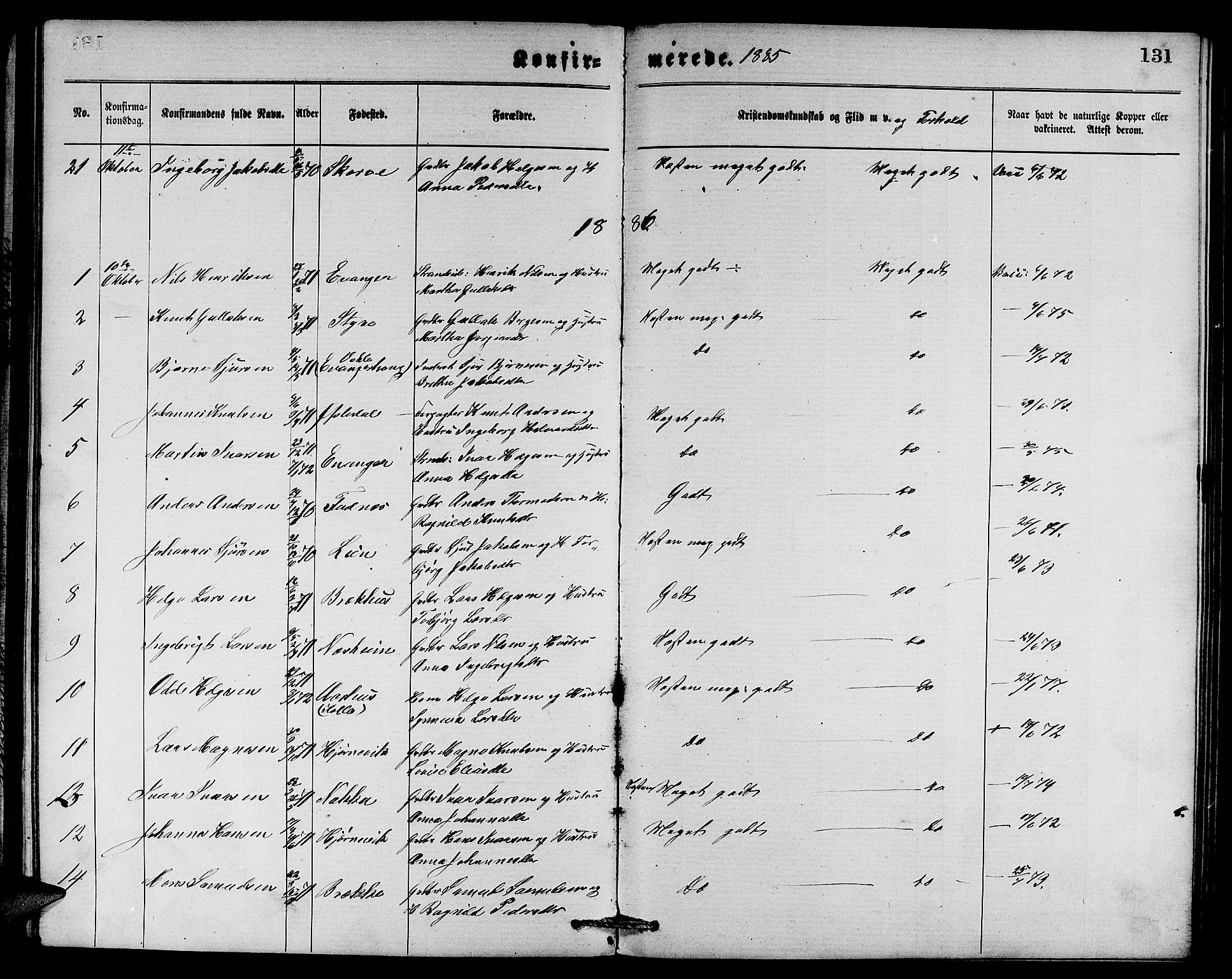 Evanger sokneprestembete, SAB/A-99924: Parish register (copy) no. A 3, 1875-1887, p. 131