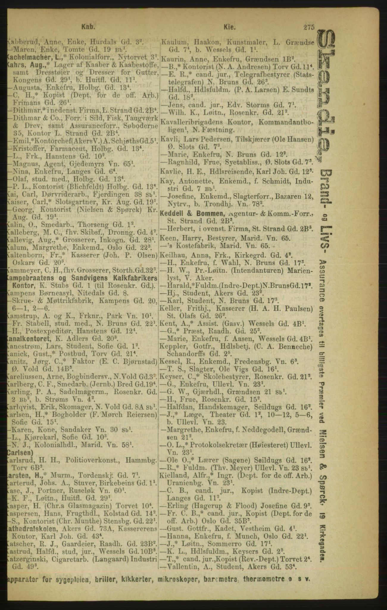 Kristiania/Oslo adressebok, PUBL/-, 1888, p. 275