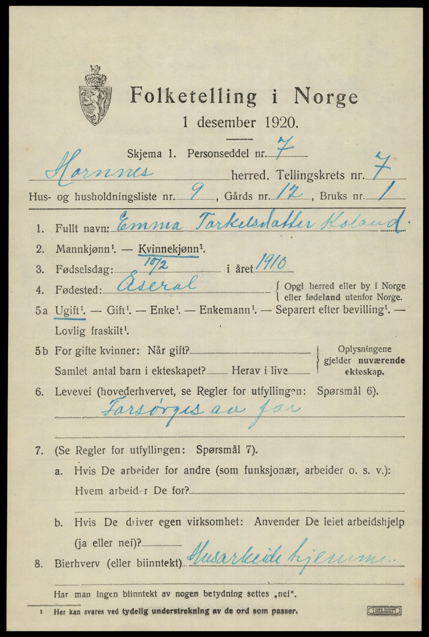 SAK, 1920 census for Hornnes, 1920, p. 1759