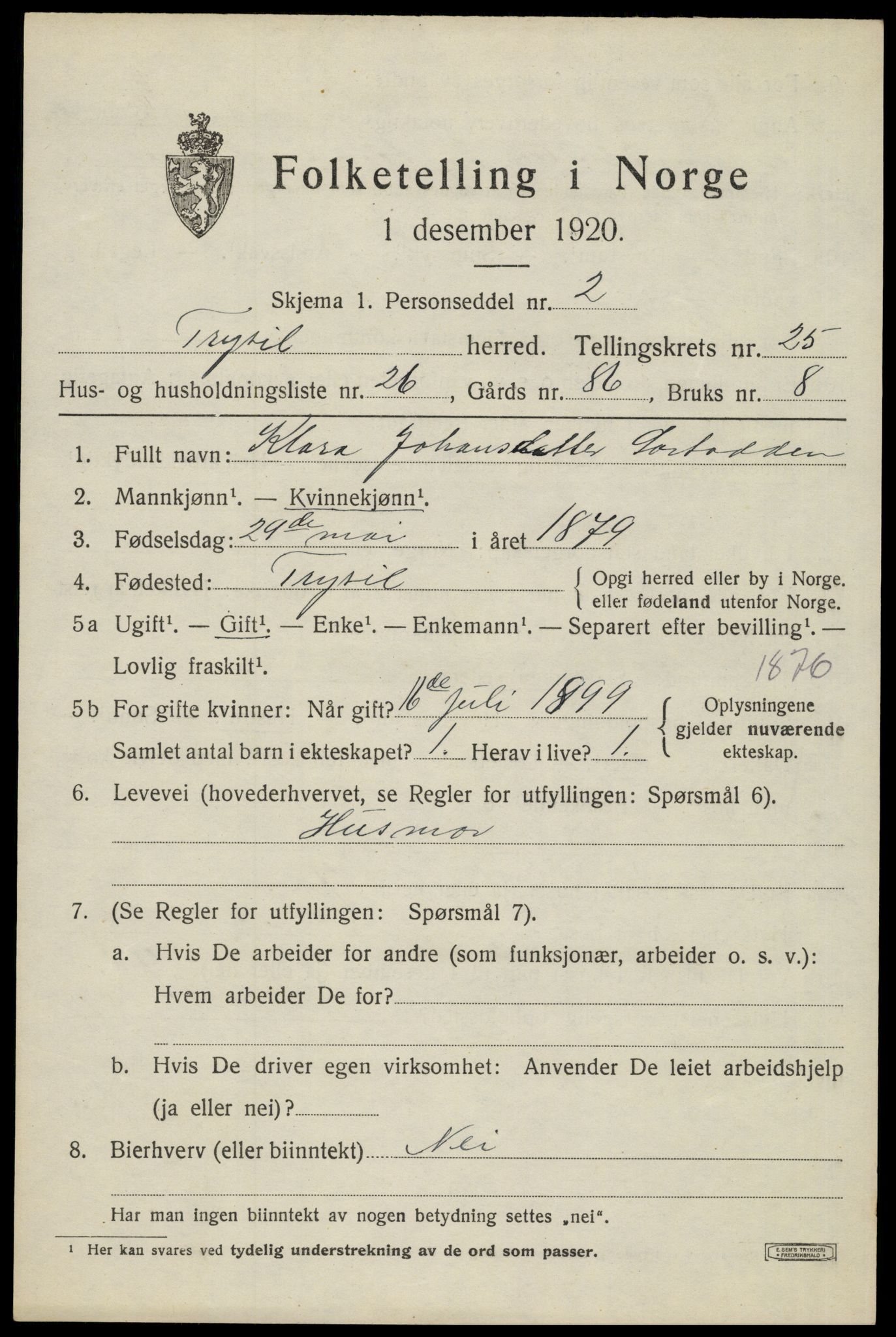 SAH, 1920 census for Trysil, 1920, p. 15991