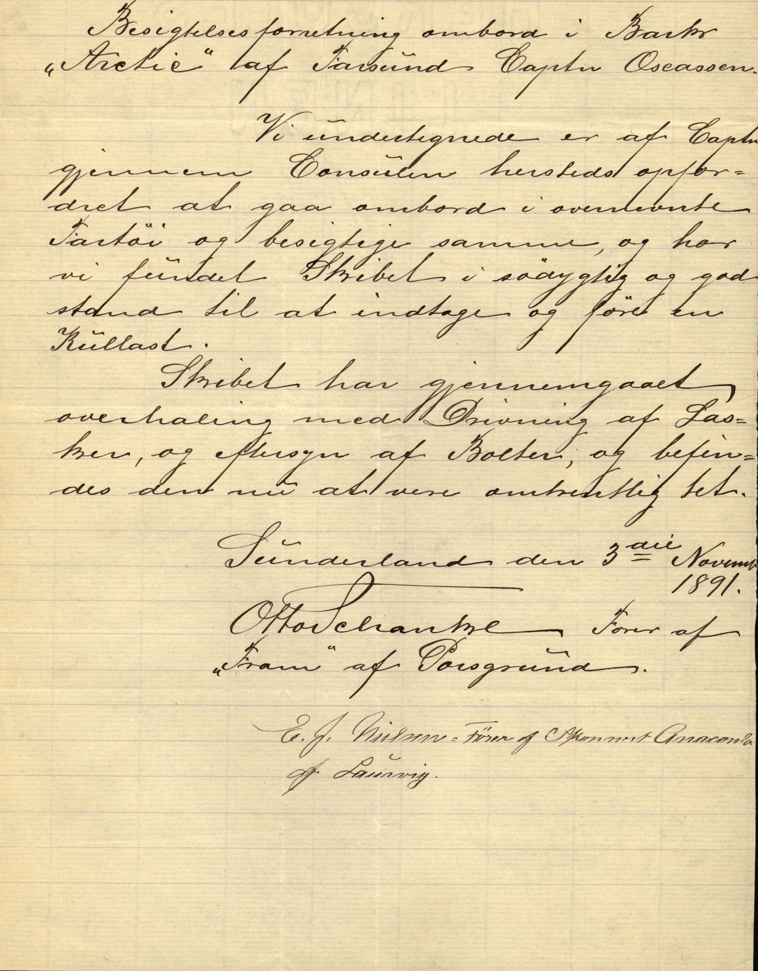 Pa 63 - Østlandske skibsassuranceforening, VEMU/A-1079/G/Ga/L0027/0004: Havaridokumenter / Avenir, Bertha, Augusta, Arctic, Black Hawk, 1891, p. 45