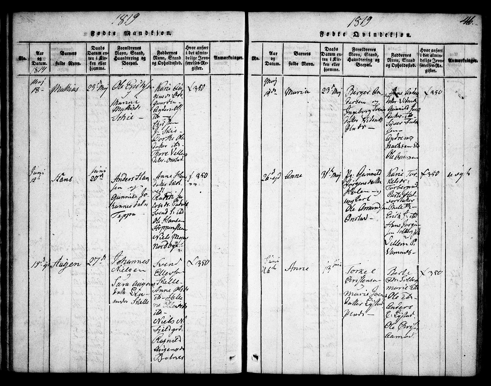Skiptvet prestekontor Kirkebøker, SAO/A-20009/F/Fa/L0005: Parish register (official) no. 5, 1814-1838, p. 46