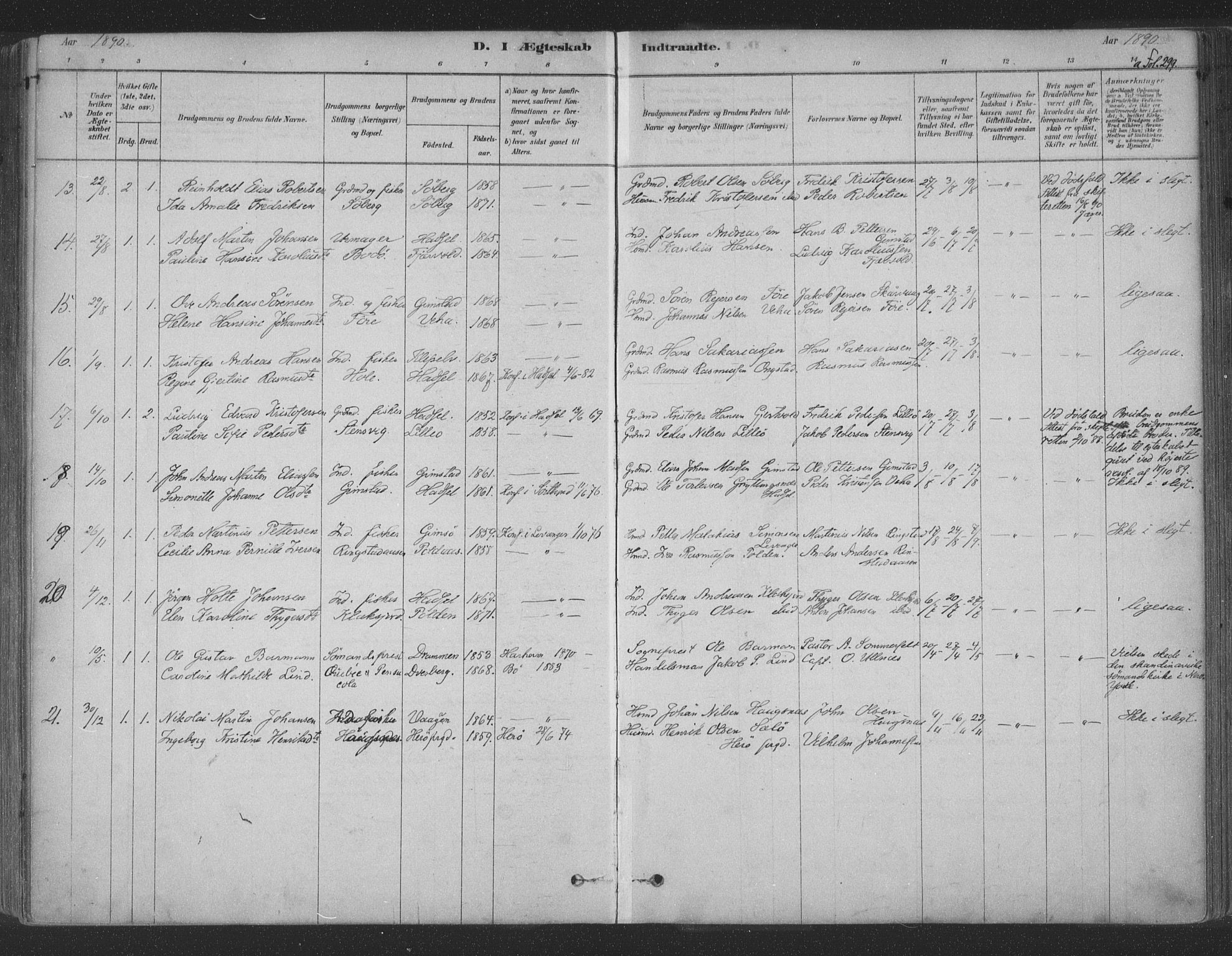 Ministerialprotokoller, klokkerbøker og fødselsregistre - Nordland, AV/SAT-A-1459/891/L1302: Parish register (official) no. 891A07, 1878-1895, p. 299