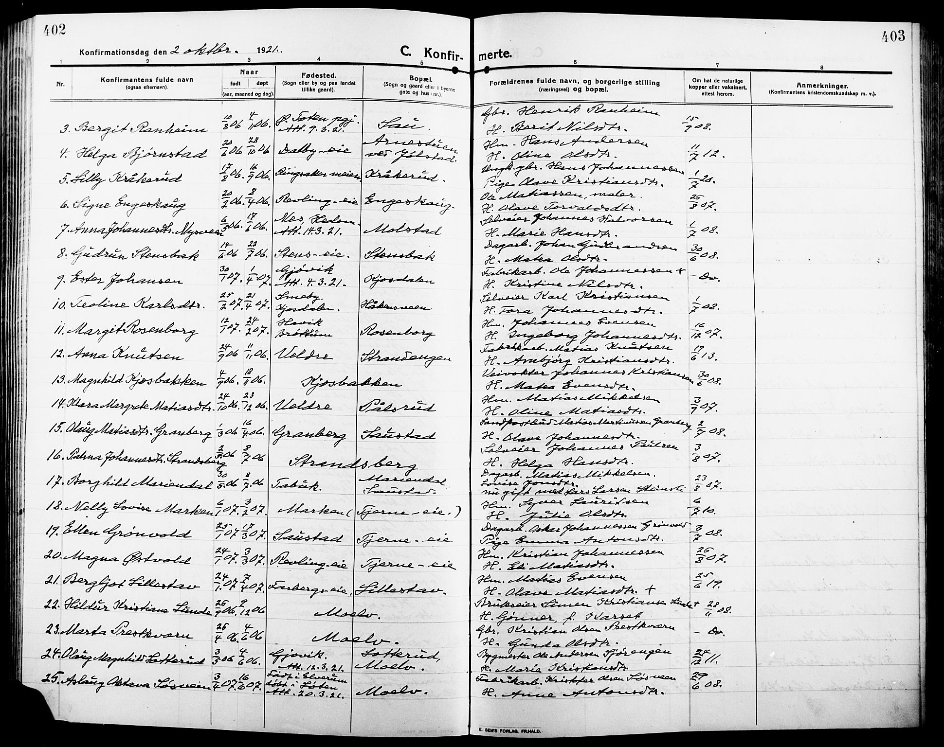 Ringsaker prestekontor, AV/SAH-PREST-014/L/La/L0018: Parish register (copy) no. 18, 1913-1922, p. 402-403