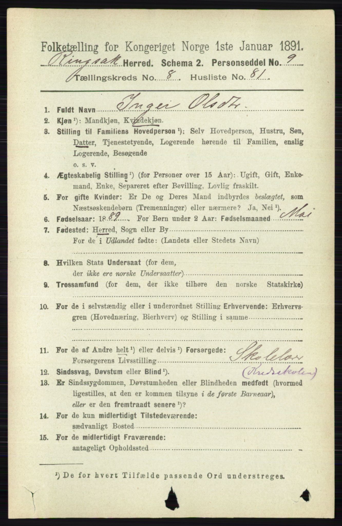 RA, 1891 census for 0412 Ringsaker, 1891, p. 4939