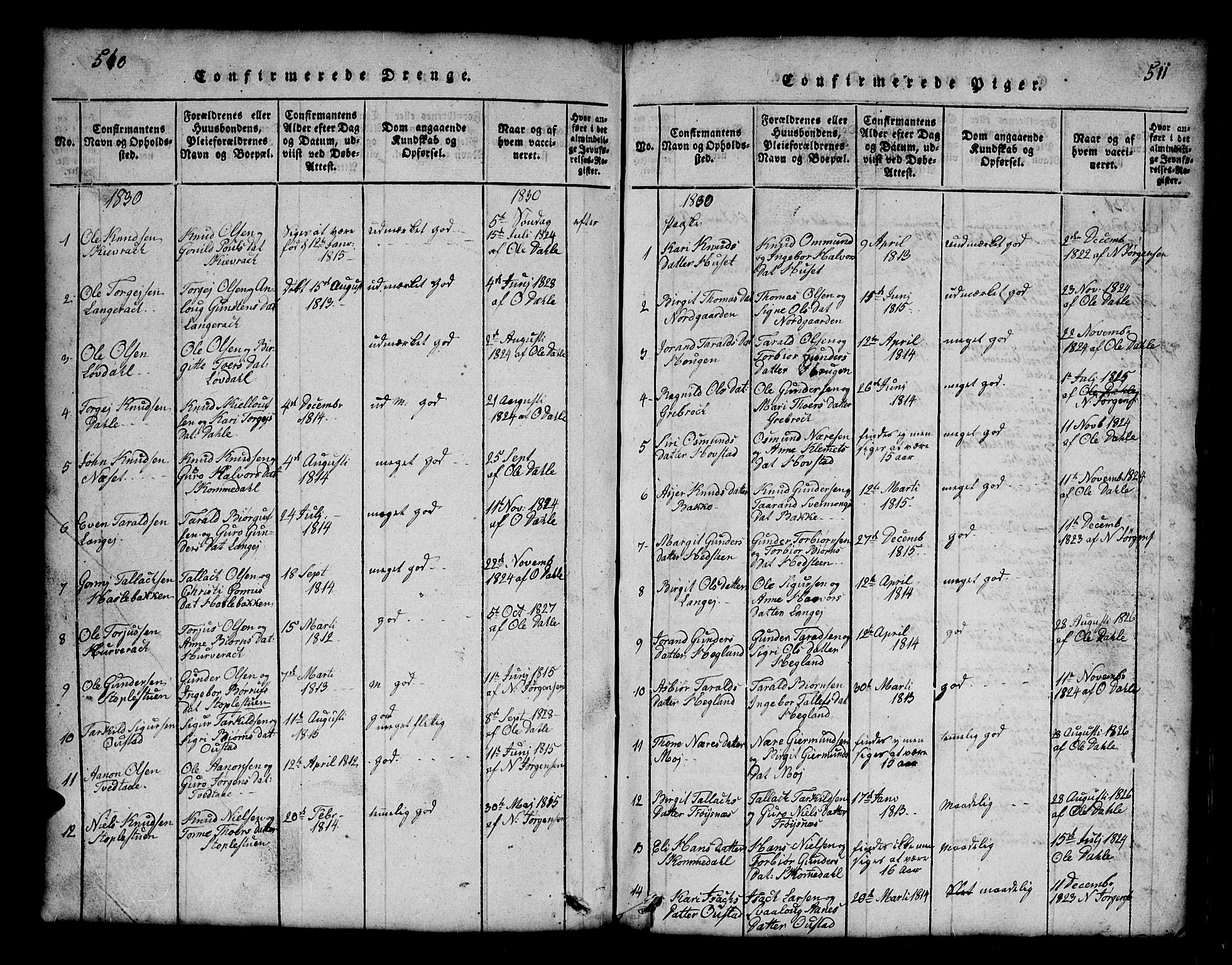Bygland sokneprestkontor, SAK/1111-0006/F/Fb/Fbb/L0001: Parish register (copy) no. B 1, 1816-1843, p. 511-512
