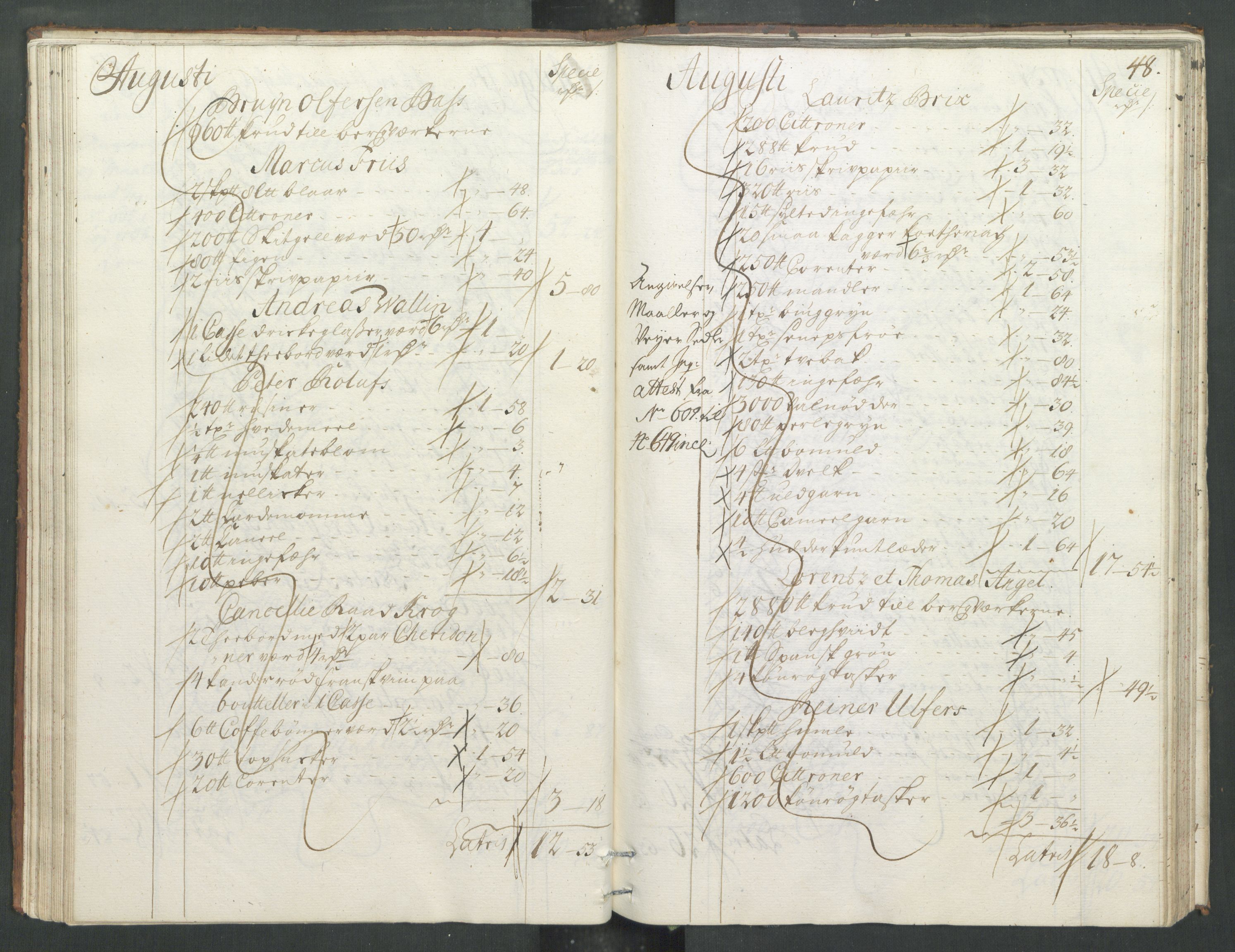 Generaltollkammeret, tollregnskaper, AV/RA-EA-5490/R33/L0013/0001: Tollregnskaper Trondheim A / Inngående tollbok, 1731, p. 47b-48a