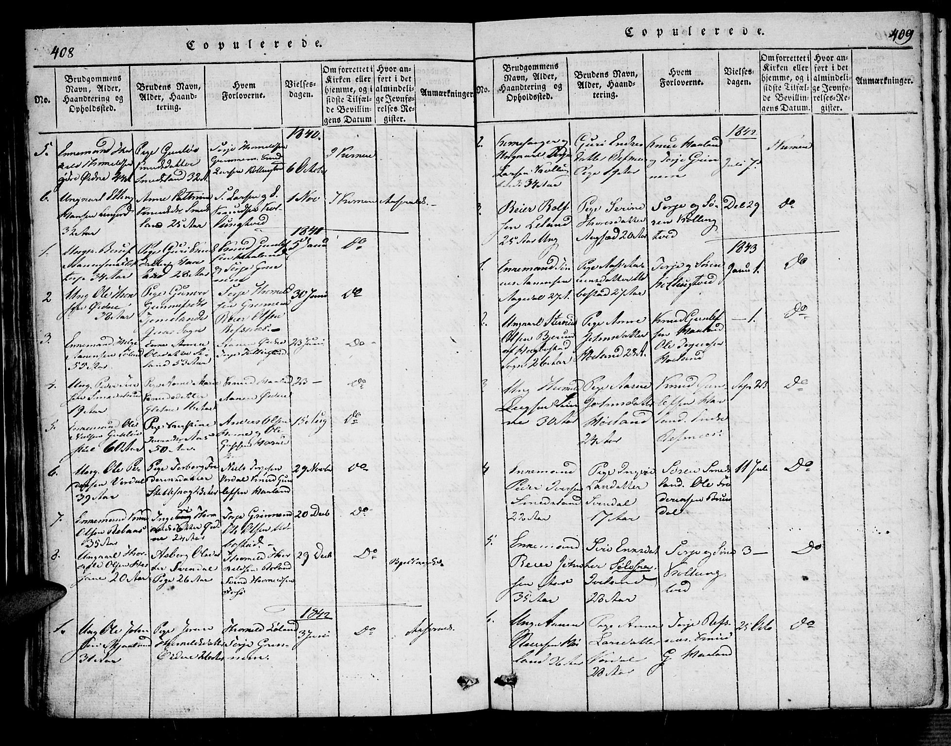 Bjelland sokneprestkontor, SAK/1111-0005/F/Fa/Fac/L0001: Parish register (official) no. A 1, 1815-1866, p. 408-409