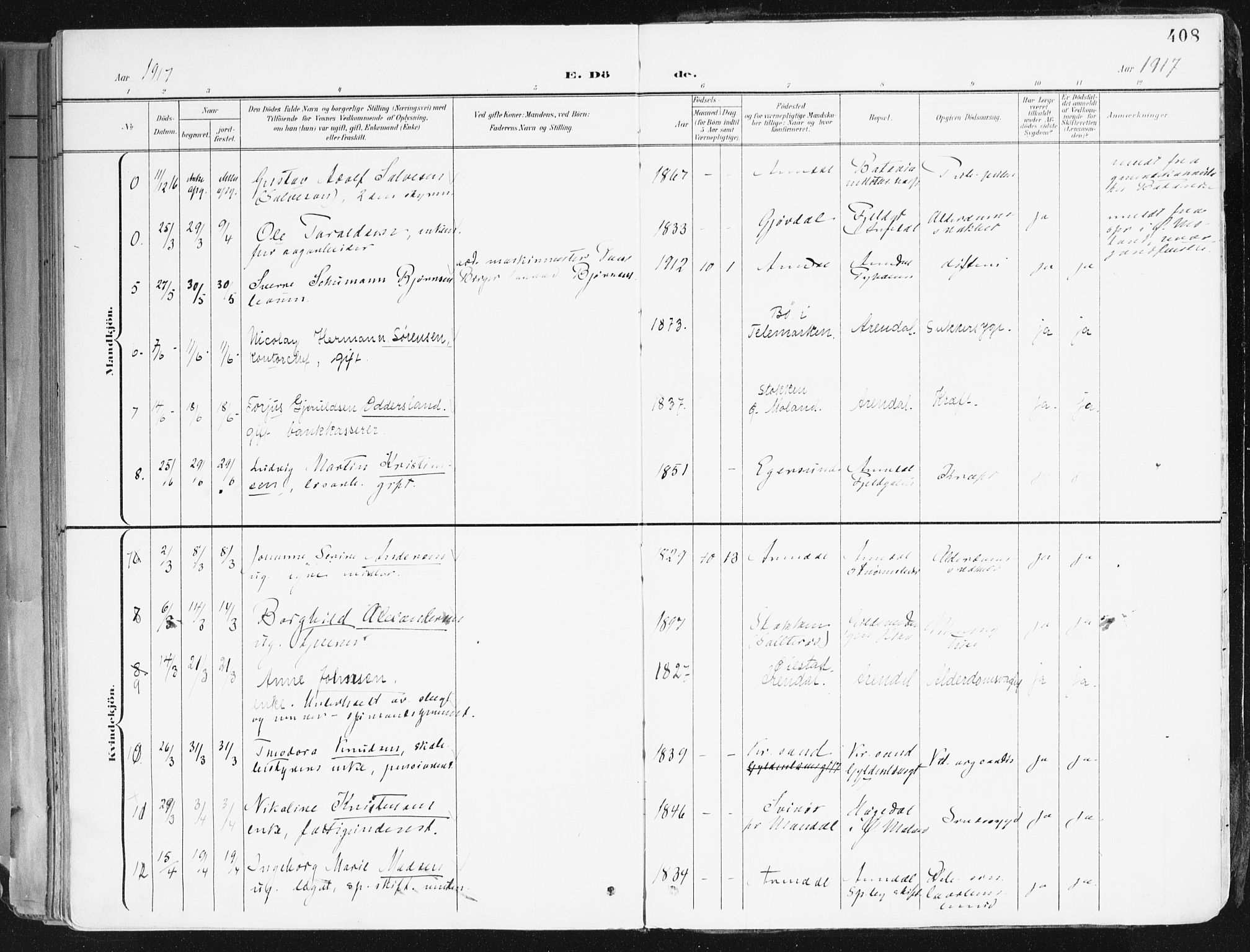 Arendal sokneprestkontor, Trefoldighet, AV/SAK-1111-0040/F/Fa/L0010: Parish register (official) no. A 10, 1900-1919, p. 408