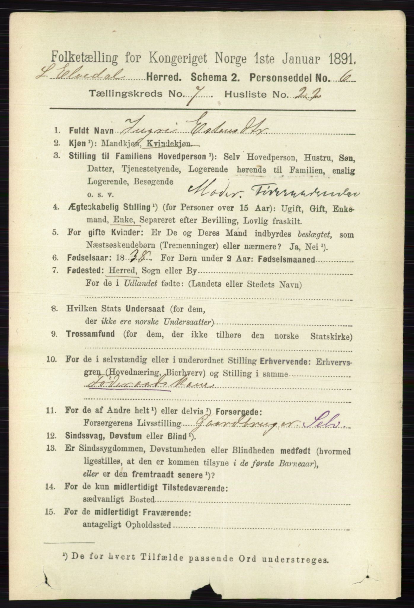 RA, 1891 census for 0438 Lille Elvedalen, 1891, p. 2424