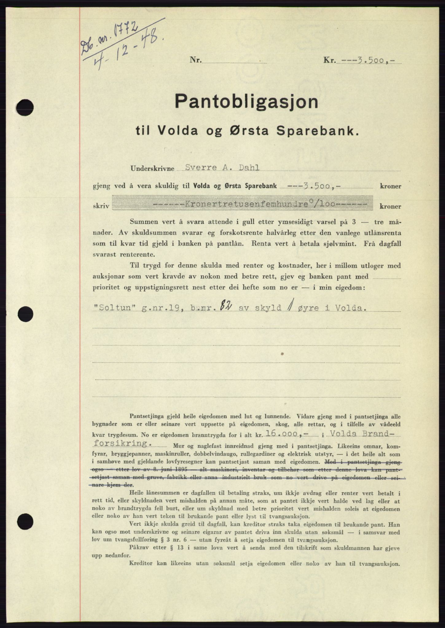 Søre Sunnmøre sorenskriveri, AV/SAT-A-4122/1/2/2C/L0116: Mortgage book no. 4B, 1948-1949, Diary no: : 1772/1948