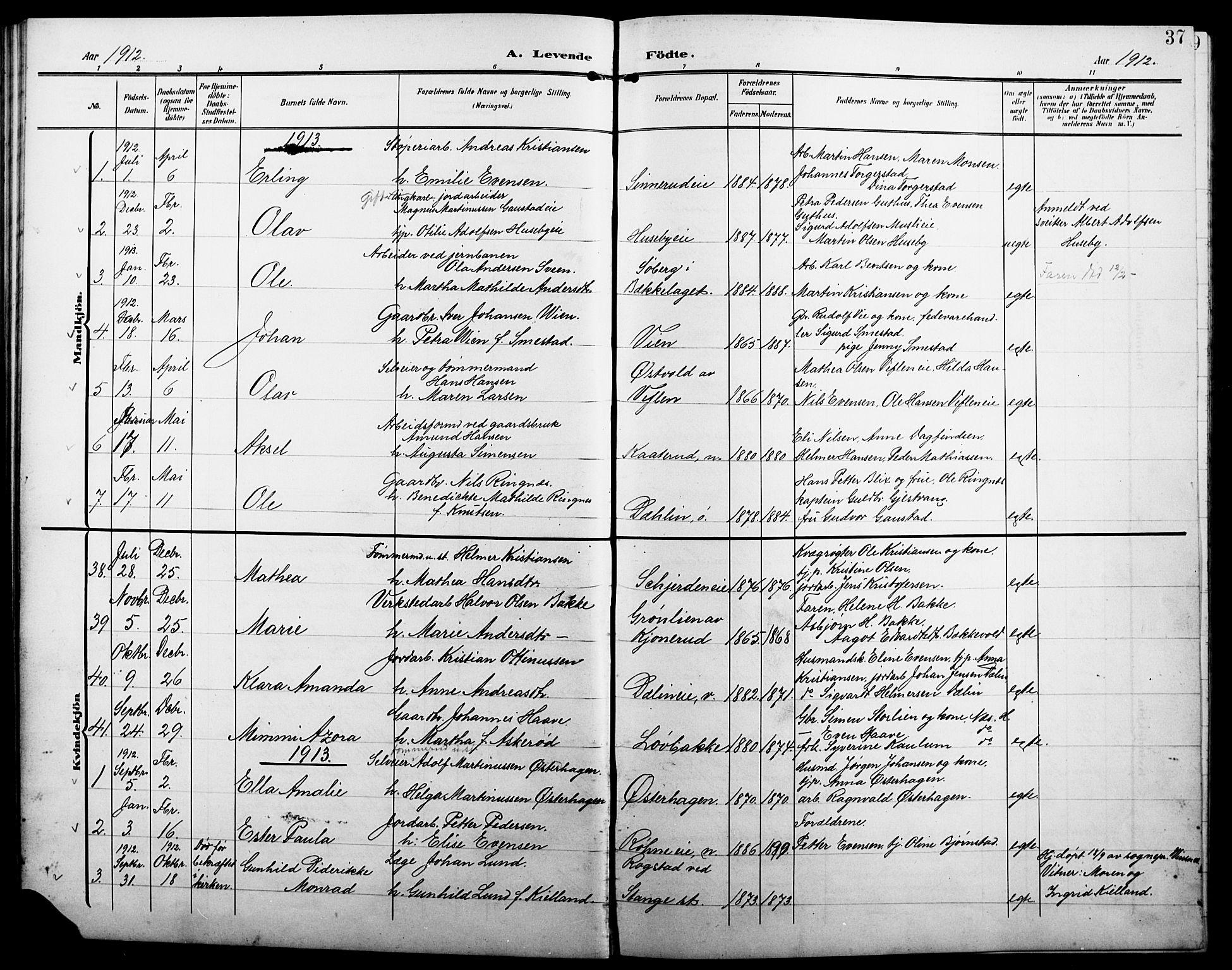 Stange prestekontor, SAH/PREST-002/L/L0013: Parish register (copy) no. 13, 1906-1915, p. 37