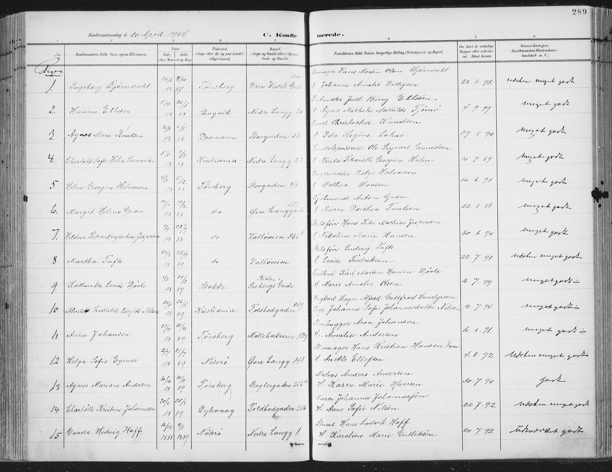 Tønsberg kirkebøker, SAKO/A-330/F/Fa/L0014: Parish register (official) no. I 14, 1900-1913, p. 289