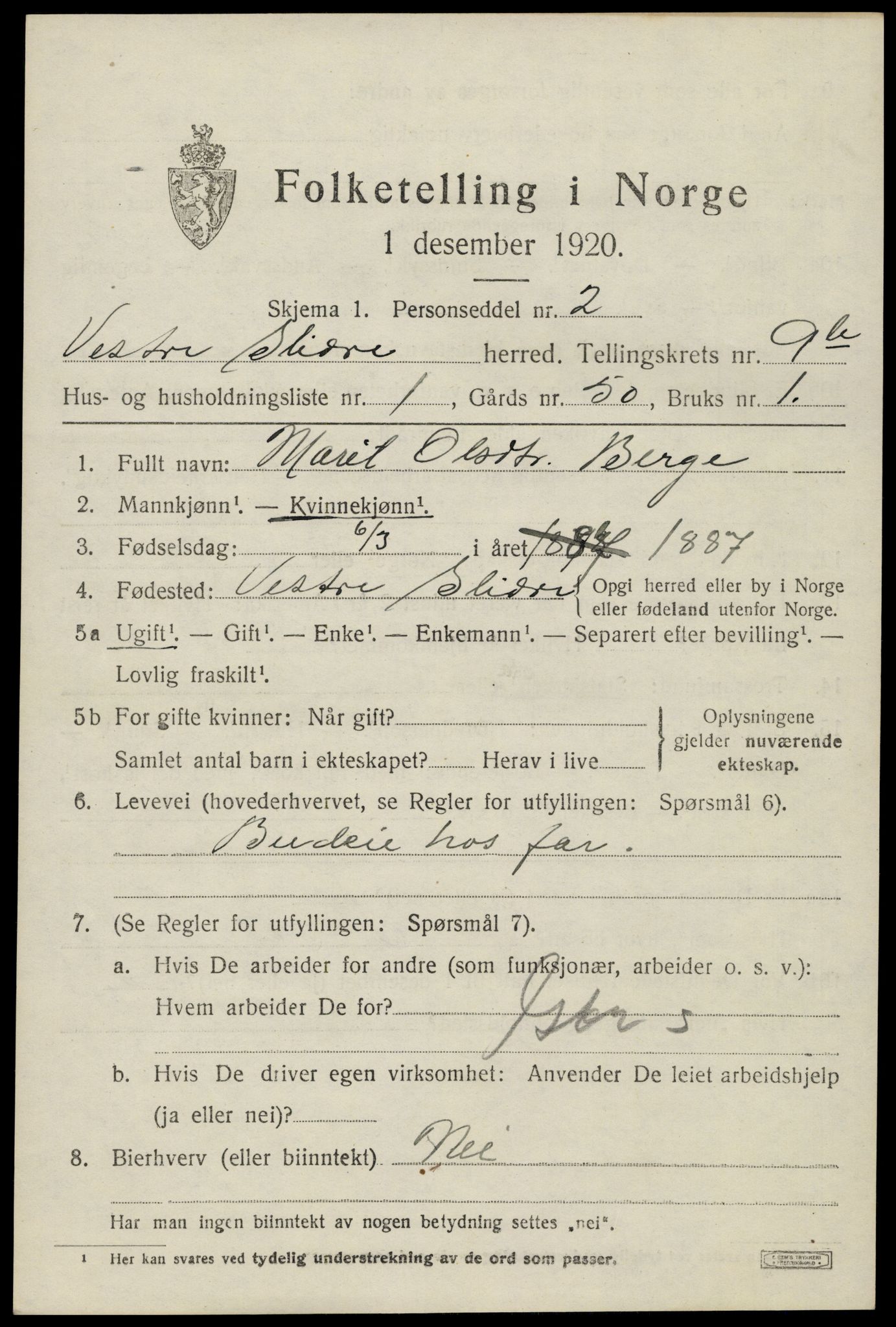 SAH, 1920 census for Vestre Slidre, 1920, p. 5614