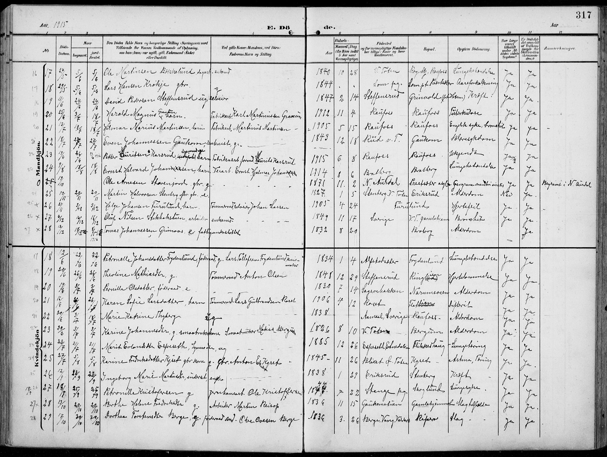 Vestre Toten prestekontor, AV/SAH-PREST-108/H/Ha/Haa/L0014: Parish register (official) no. 14, 1907-1920, p. 317