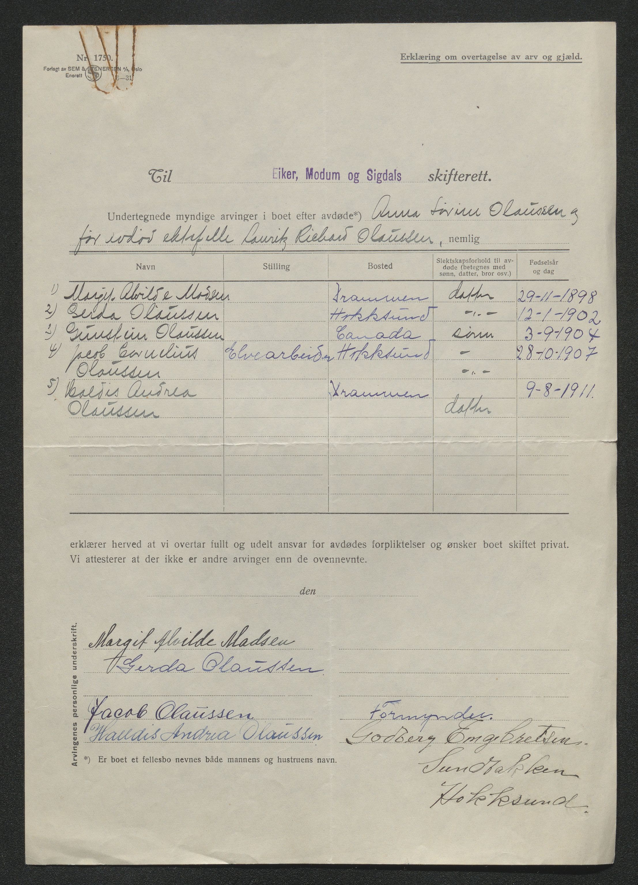 Eiker, Modum og Sigdal sorenskriveri, AV/SAKO-A-123/H/Ha/Hab/L0047: Dødsfallsmeldinger, 1932, p. 276