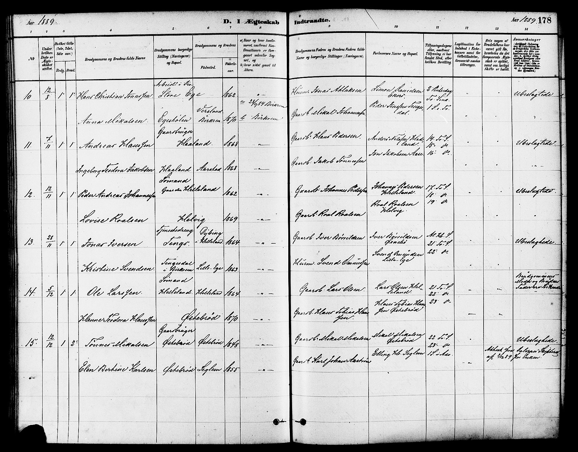 Eigersund sokneprestkontor, AV/SAST-A-101807/S08/L0017: Parish register (official) no. A 14, 1879-1892, p. 178