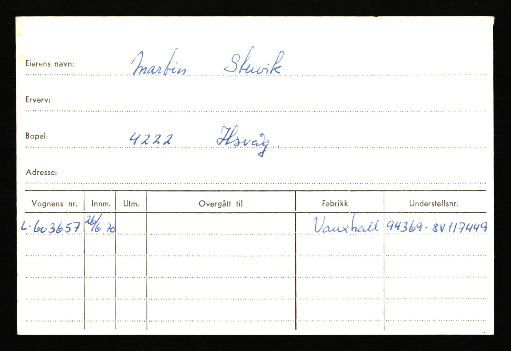 Haugesund trafikkstasjon, AV/SAST-A-101941/0/G/Ga/L0022: Eierkort, gamle - STU-SØ, 1930-1970, p. 1