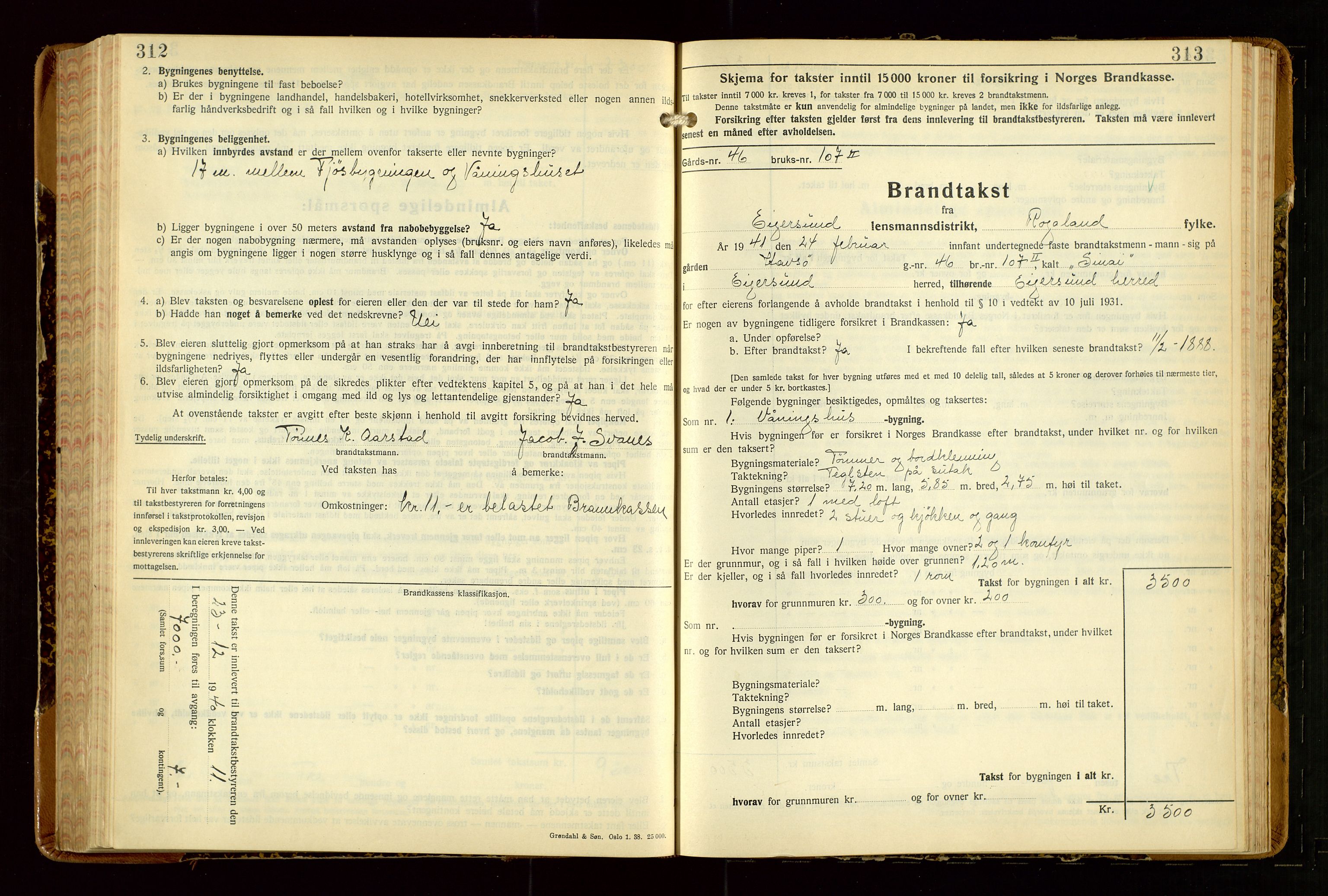 Eigersund lensmannskontor, SAST/A-100171/Gob/L0007: "Brandtakstprotokoll", 1938-1955, p. 312-313