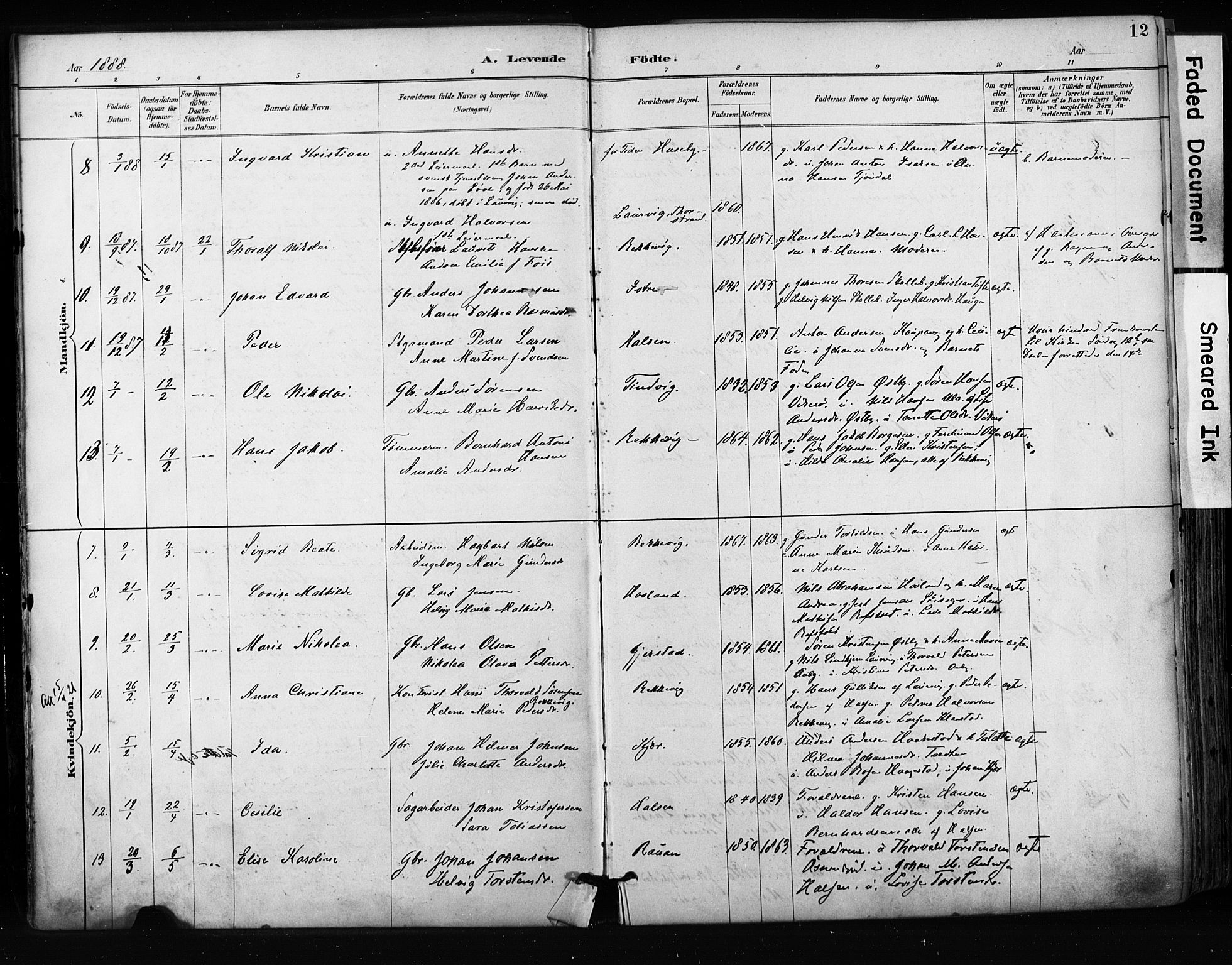 Tjølling kirkebøker, AV/SAKO-A-60/F/Fa/L0009: Parish register (official) no. 9, 1887-1905, p. 12